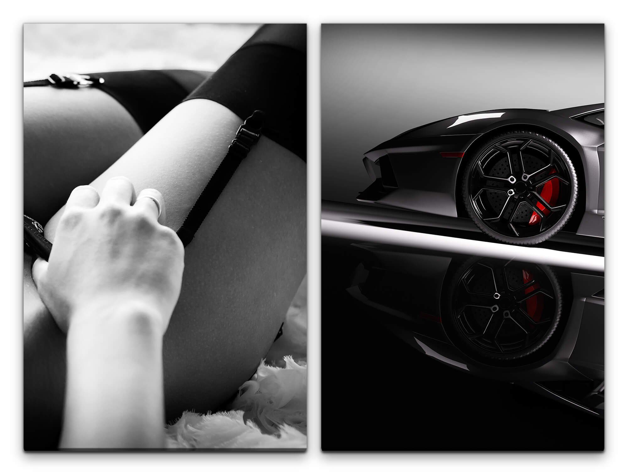 Sinus Art Leinwandbild 2 Bilder je 60x90cm Sexy Lamborghini Dessous Schwaz Weiß Felgen Super-Car Erotisch