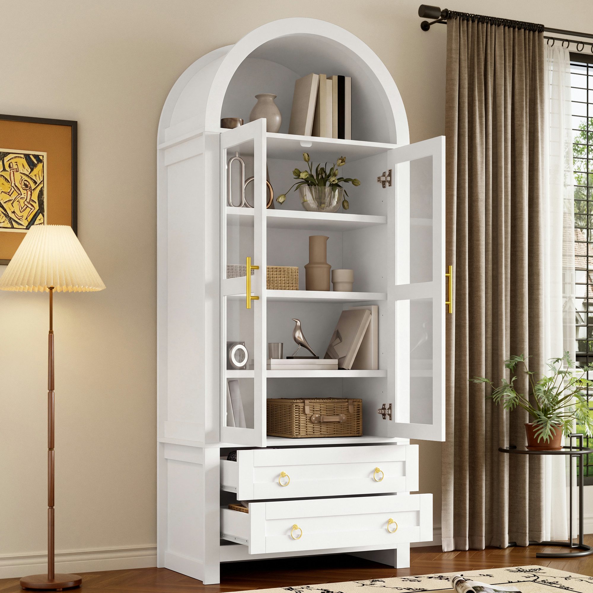 Merax Hochschrank mit LED-Beleuchtung,Standvitrine Vitrinenschrank mit Retro-Bogendesign (Aufbewahrungsschrank Buffetschrank Anrichte, 1-St., 76 x 40 x 180 cm)  – Bild 2 von 5