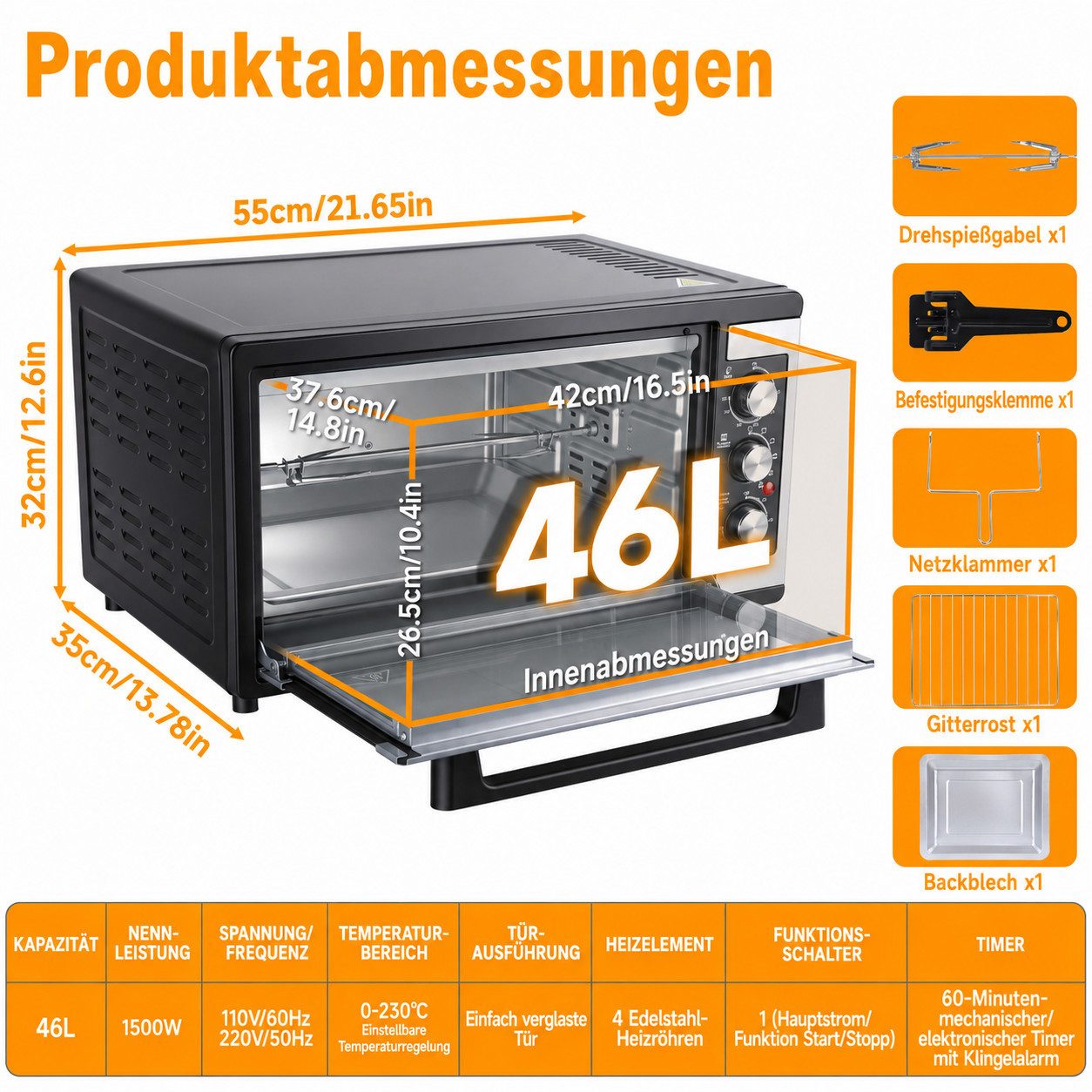 Rutaqian Minibackofen Minibackofen 46 Liter, 1500W Mini Backofen Heißluft Umluft, 9-in-1 Ofenmaschine für den Tisch, Drehspieß, 60 Min Timer, Edelstahl