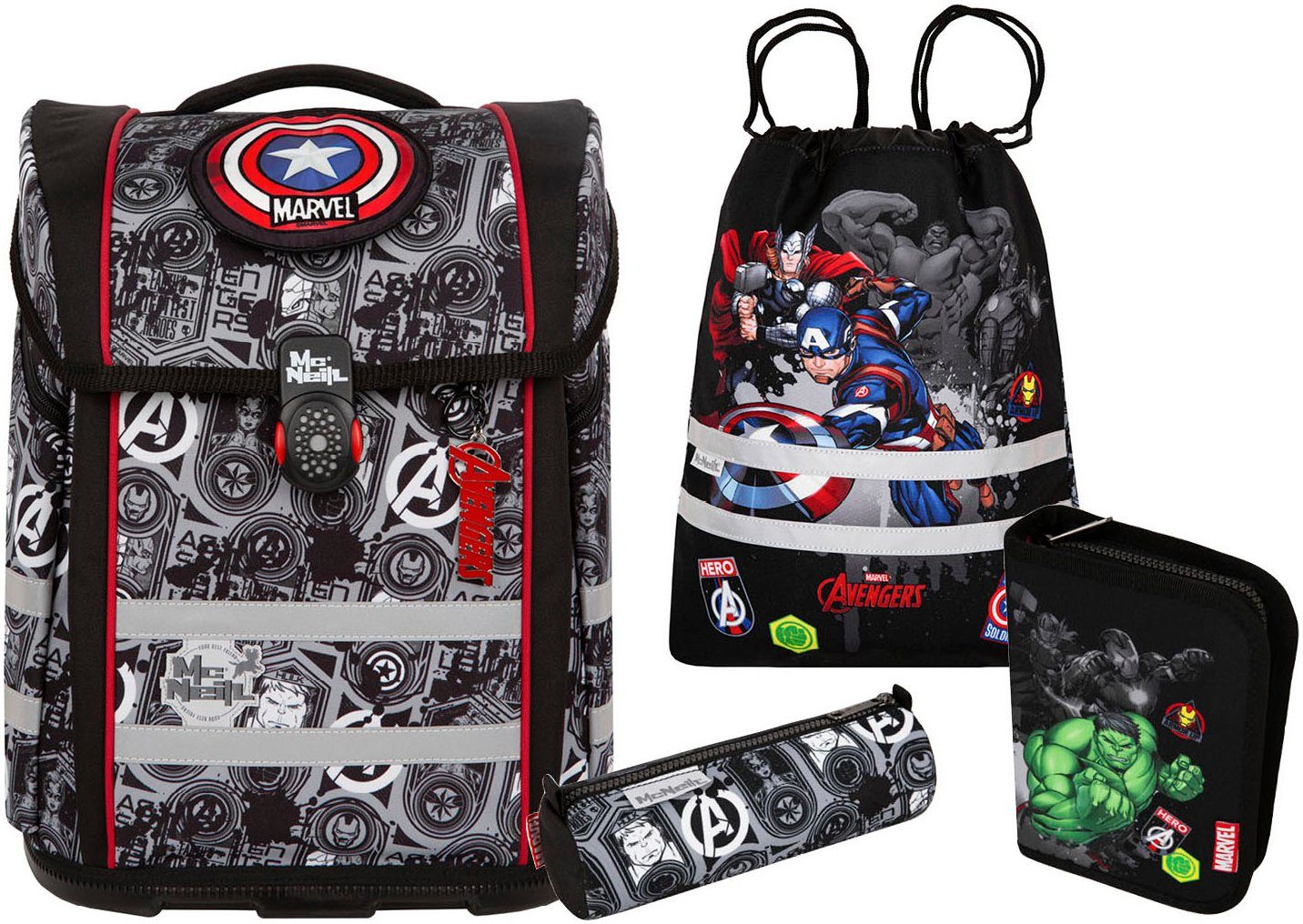 McNeill Schulranzen Perfecto, Marvel, Avengers (Set, 5-tlg), inkl. Federmäppchen, Turnbeutel, Schlamperrolle & Motivmagnet