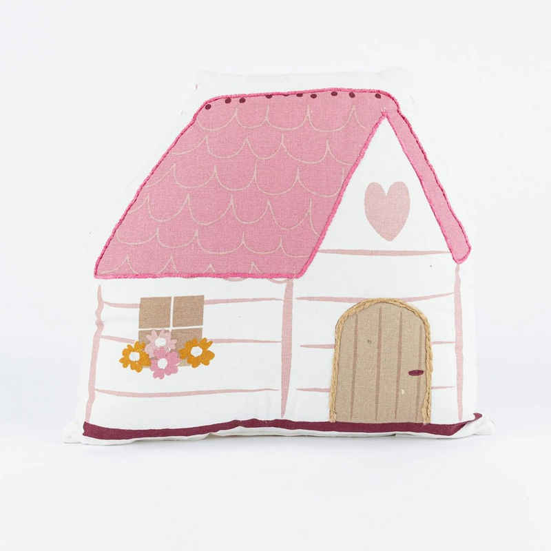 SCHÖNER LEBEN. Dekokissen Kinderkissen Haus aus Baumwolle weiß rosa rot 40x38cm