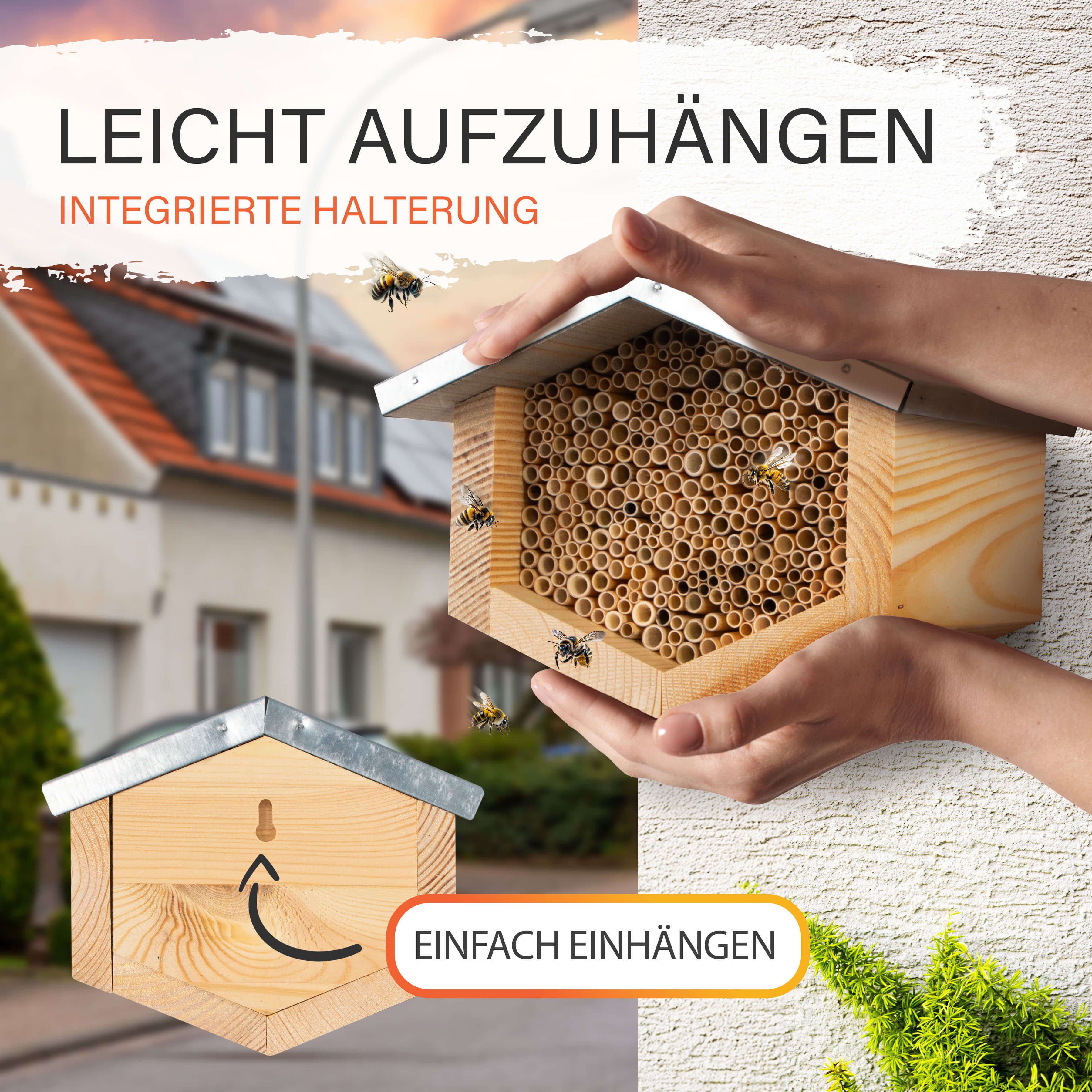BEESI Insektenhotel Bienenhotel mit wetterfestem Holzdach, Schilf Nisthülsen, (1-St), 20,5T x 21,5B x 17H cm