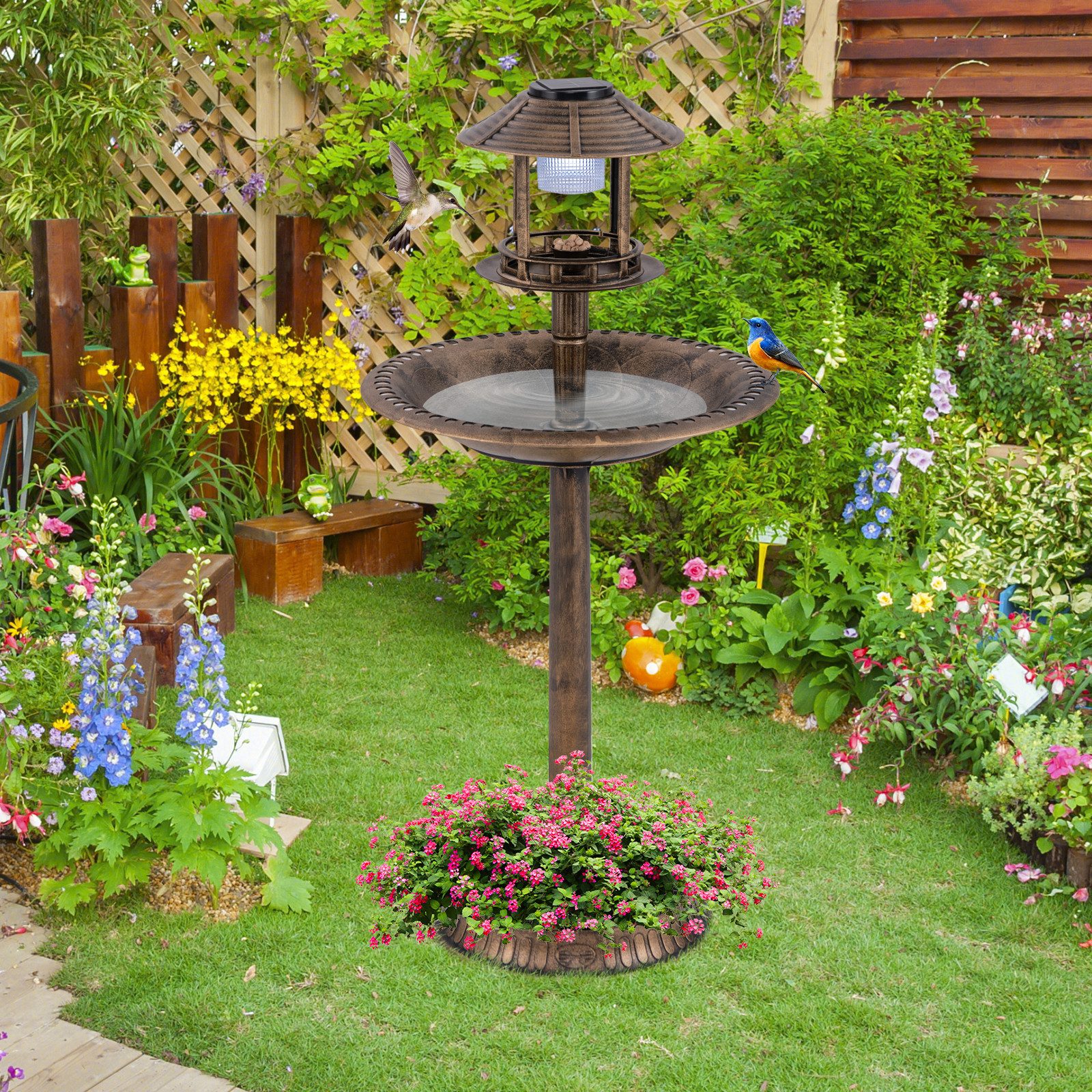 COSTWAY Vogeltränke, Vogelbad, Futterspender, mit Blumentopf, Ständer