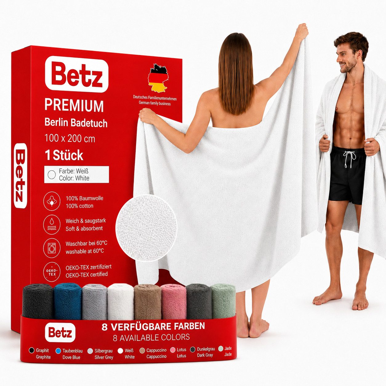 Betz Badetuch Berlin Größe 100 x 200 cm Saunatuch & Strandtuch 360 g/m², 100% Baumwolle (1 Stück, 1-St), saugstark & weich – großes Handtuch mit Aufhänger – Serie Berlin