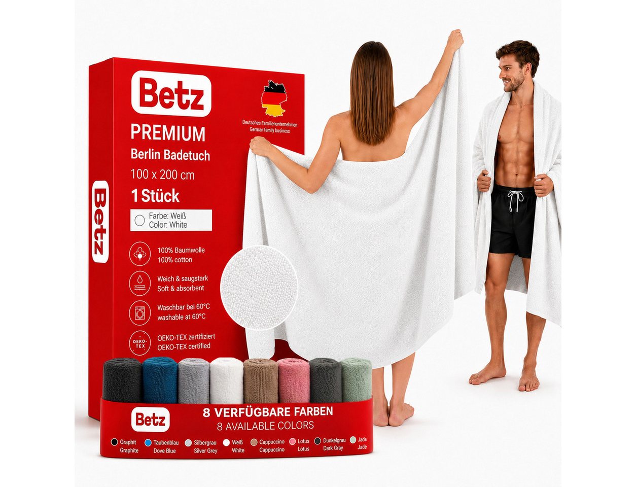 Betz Badetuch Berlin Größe 100 x 200 cm Saunatuch & Strandtuch 360 g/m², 100% Baumwolle (1 Stück, 1-St), saugstark & weich – großes Handtuch mit Aufhänger – Serie Berlin