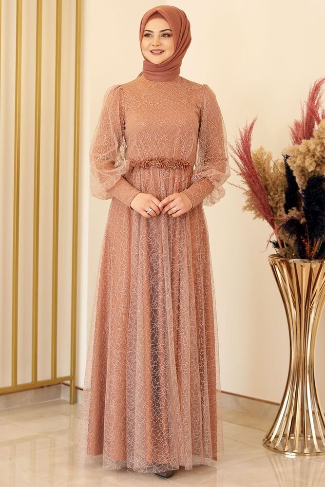 Modavitrini Abendkleid silbriges Tüllkleid Abiye Abaya Hijab Kleid langärmliges Maxikleid Hellbraun | Hauskleider