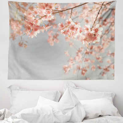 Wandteppich aus Weiches Mikrofaser Stoff Für das Wohn und Schlafzimmer, Abakuhaus, rechteckig, Pfirsich Landschaft Sakura Bäume