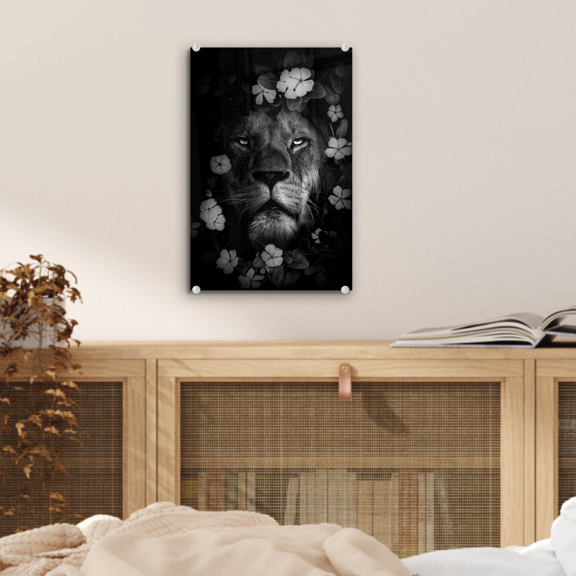 mit Dschungel bunt im Bilder auf Blumen - Wanddekoration weiß, (1 - Glas St), Glas - Glasbilder - MuchoWow Löwe Foto Wandbild und schwarz auf Acrylglasbild