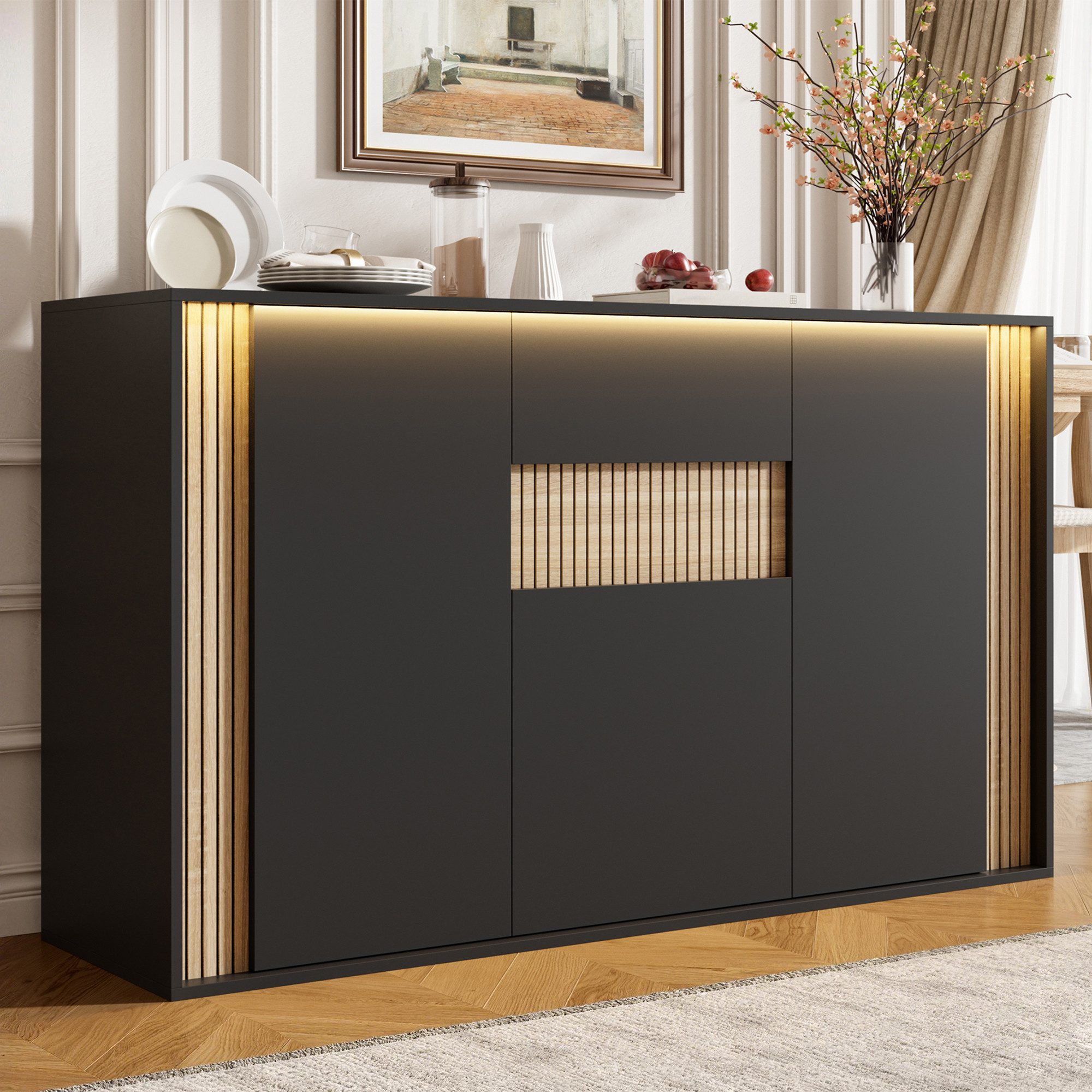 Flieks Kommode mit verstellbarer LED-Beleuchtung, 1 Schublade und 3 Türen (140×40×82 cm, 1 St), Sideboard Mehrzweckschrank Multifunktionsschrank Holzoptik&Schwarz