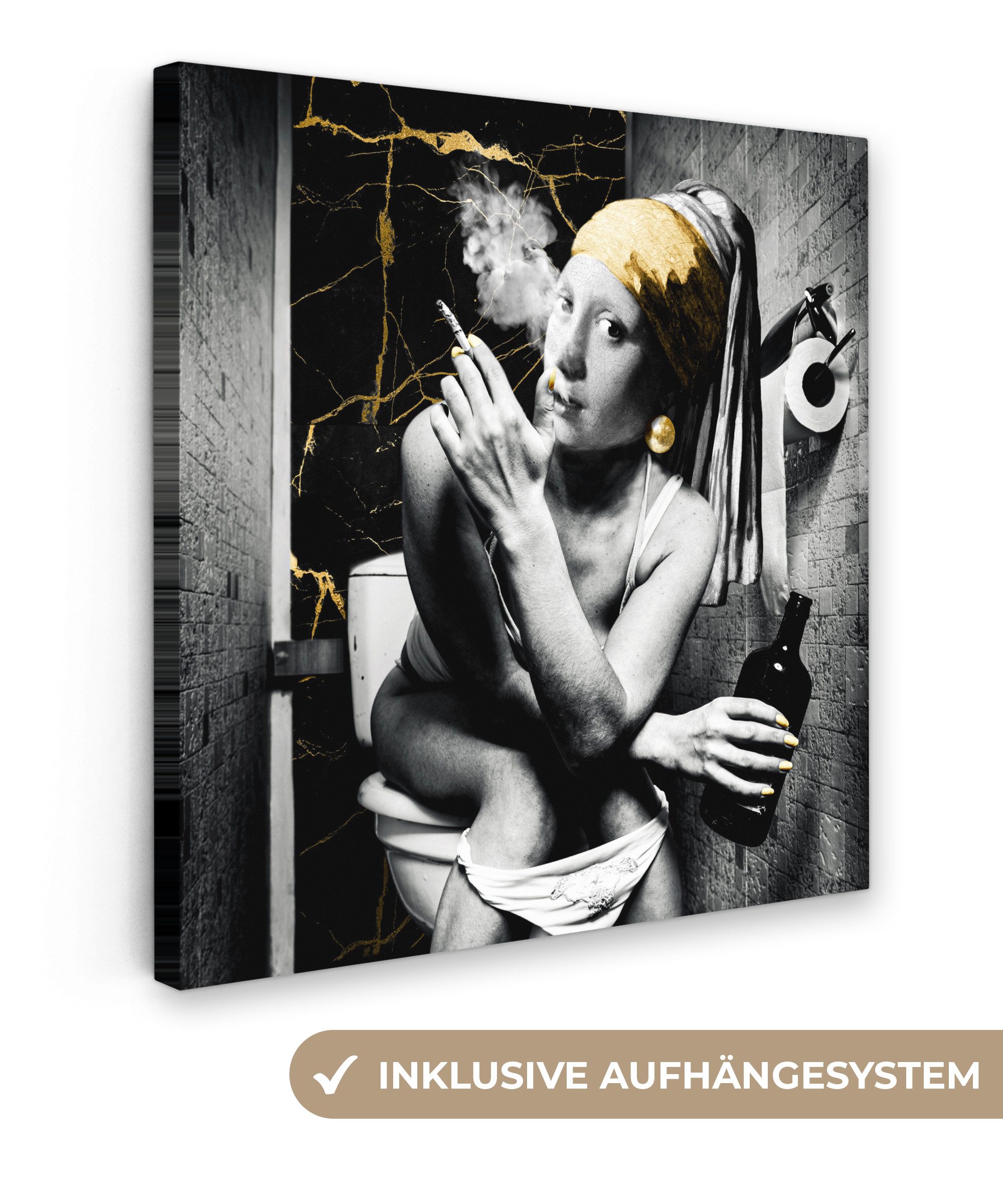 OneMillionCanvasses® Leinwandbild Marmoroptik - Mädchen mit Perlenohrring - Zigaretten - Toilette - Gold, Fotodruck (1 St), Wandbild, Deko Schlafzimmer Wohnzimmer Flur 20x20 cm