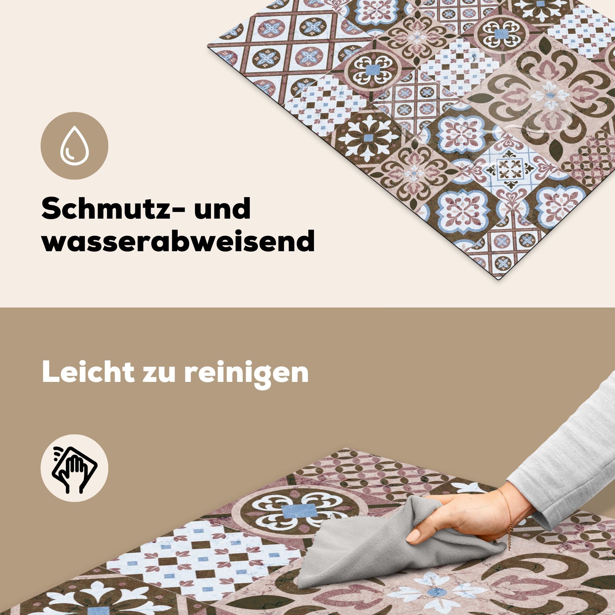 (1 für Braun Blumen - küche, Herdblende-/Abdeckplatte Vinyl, Formen, - Vintage - Muster - cm, MuchoWow Ceranfeldabdeckung tlg), Induktionskochfeld 71x52 die Schutz