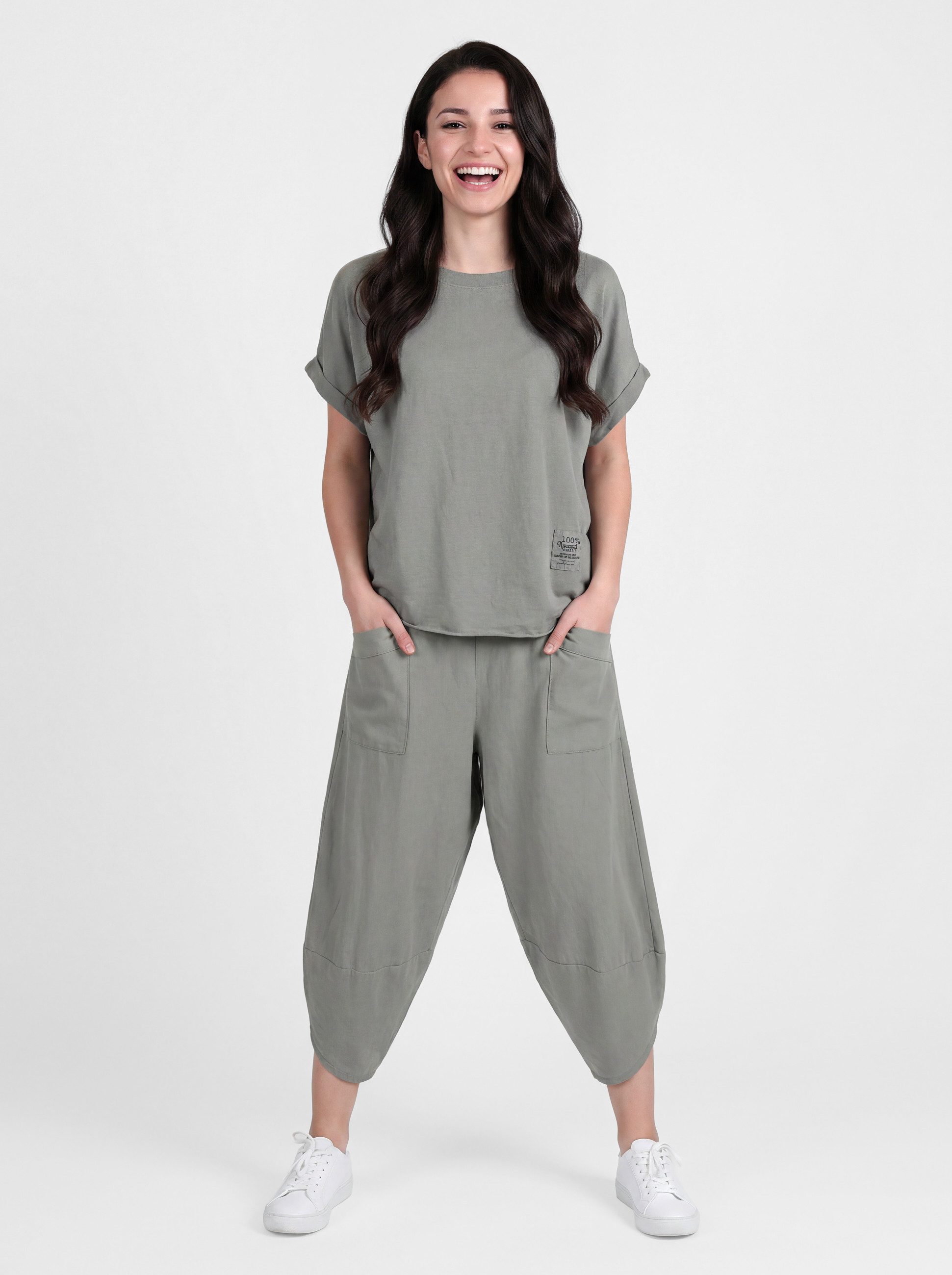 PEKIVESSA Jogginganzug Oversized Kurzarm Sweatanzug Set mit 7/8-Hose (2-tlg), Sweatshirt & Sweatpants 2-tlg.