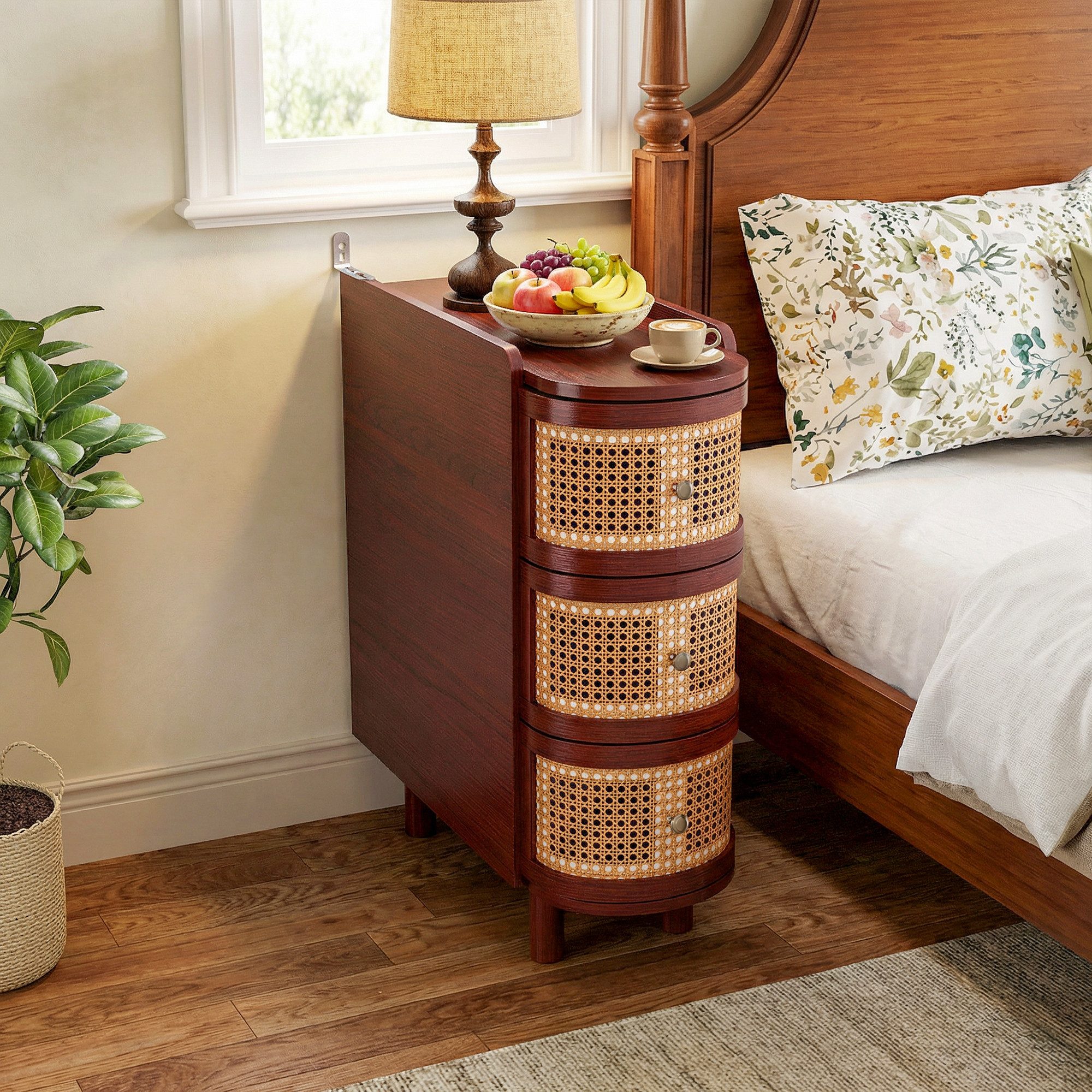 HOMSEE Nachttisch Schmaler Rattan-Nachttisch 26 cm Breite, Rotbrauner Beistelltisch (1-St), Nachtkonsole für Boxspringbetten, 26 × 60 × 68,3 cm