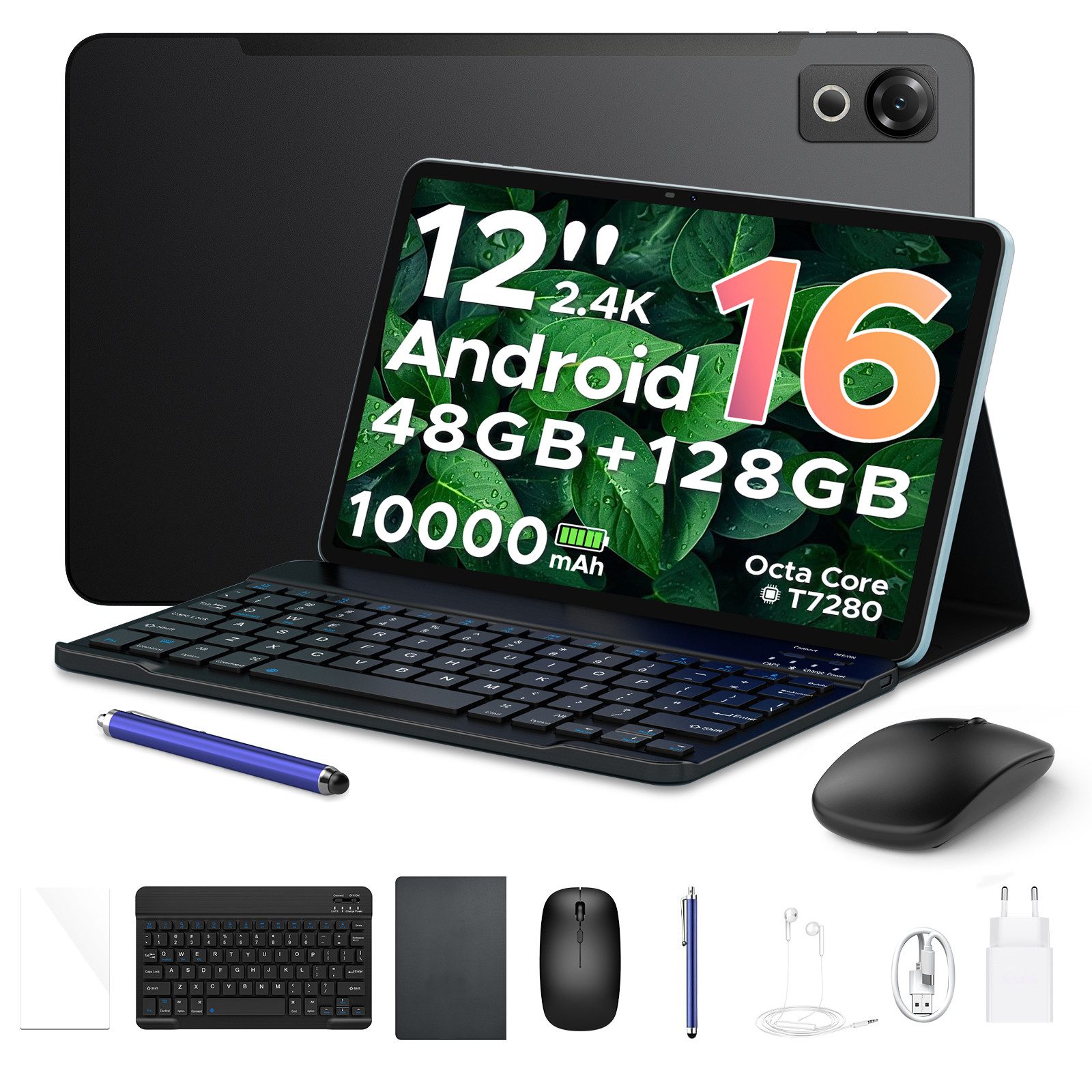 Aorlym 12" Android 16 Tablet mit Gemini AI T7280, 128GB+2TB, 2.4K 120Hz Tablet (12", 128 GB, Android 16, WiFi, 8GB+RAM-Erweiterung, 10000mAh, 5G WiFi, Tablet mit Tastatur, Face ID)