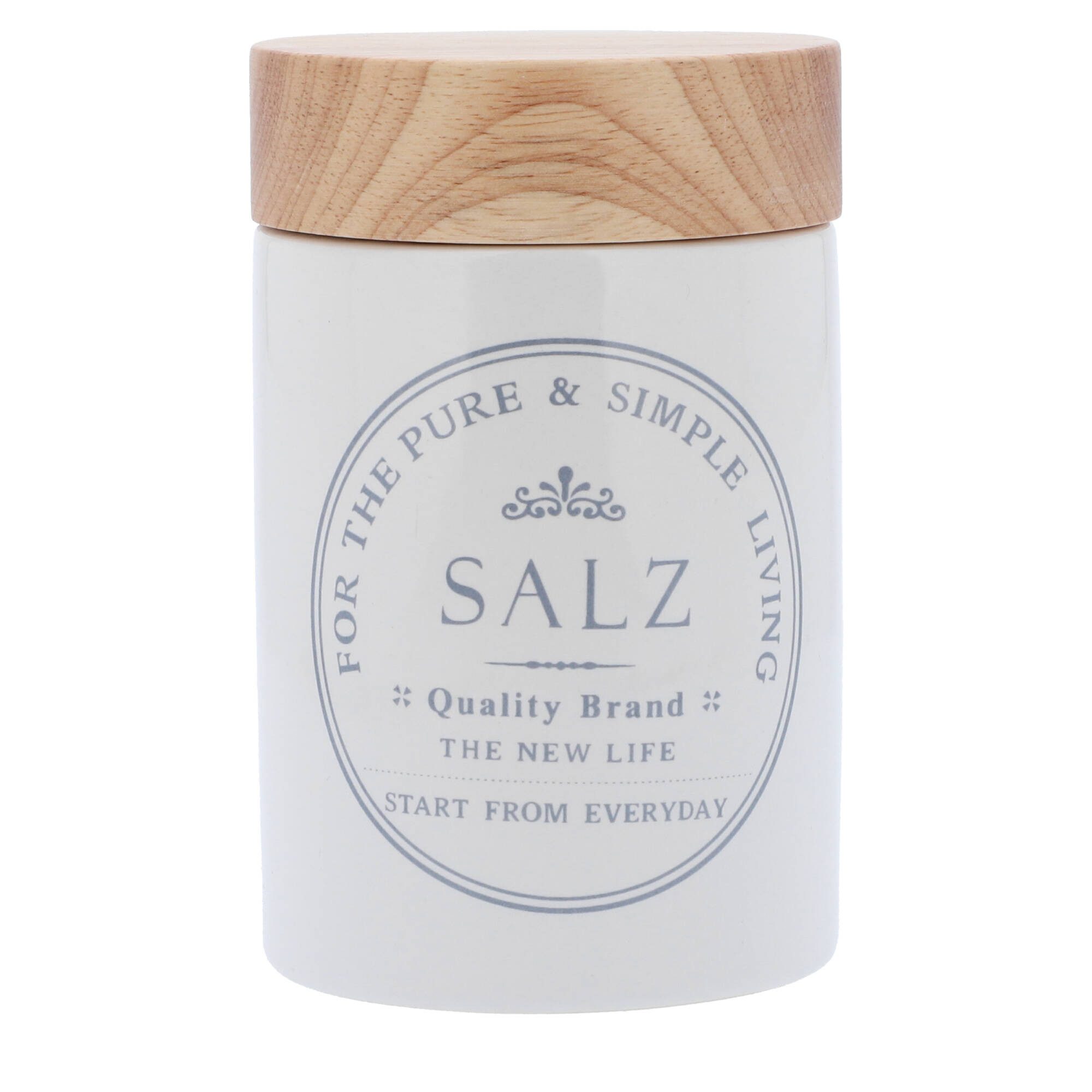 KHG Vorratsdose für Salz aus Steinzeug mit Akazienholz‑Deckel – im Landhausstil, Steingut, Aufbewahrungsdose für Salz – schützt Aroma da luftdicht verschließbar