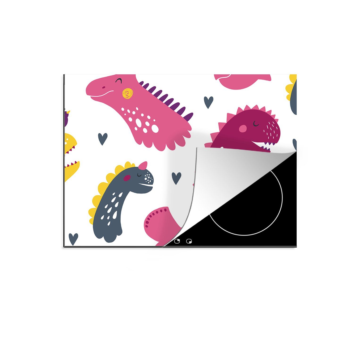 MuchoWow Herdblende-/Abdeckplatte Dino - Muster - Kind - Rosa - Mädchen, Vinyl, (1 tlg), 70x52 cm, Mobile Arbeitsfläche nutzbar, Ceranfeldabdeckung | Herdabdeckplatten