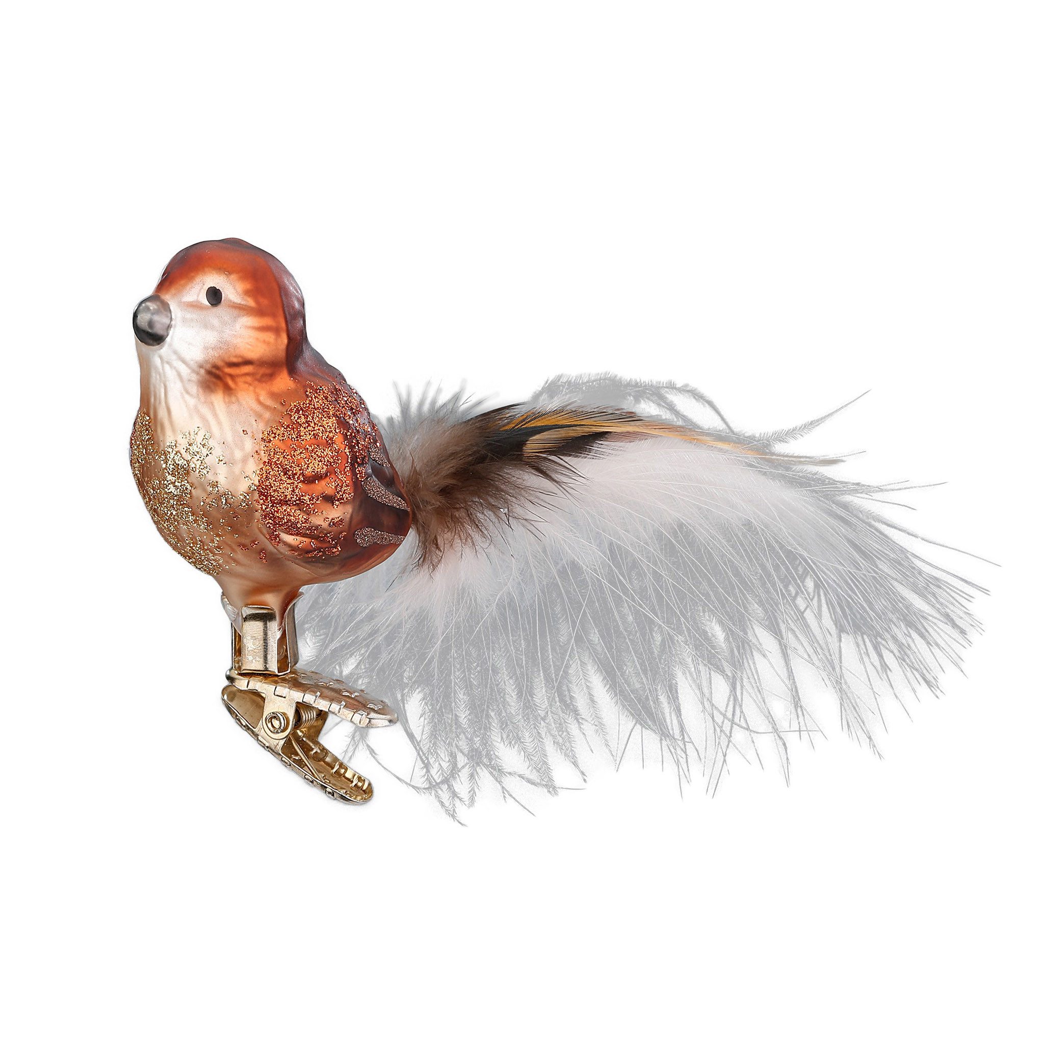 INGE-GLAS® Christbaumschmuck, Christbaumschmuck Glas Vogel Spatz mit Federn auf Clip 6,5cm Hellbraun