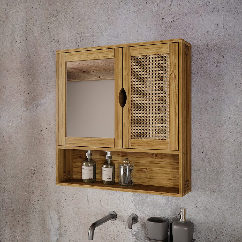 Vicco Badezimmerspiegelschrank Liora, Bambus/Rattan, 56 x 58 cm mit Spiegel (1-St)