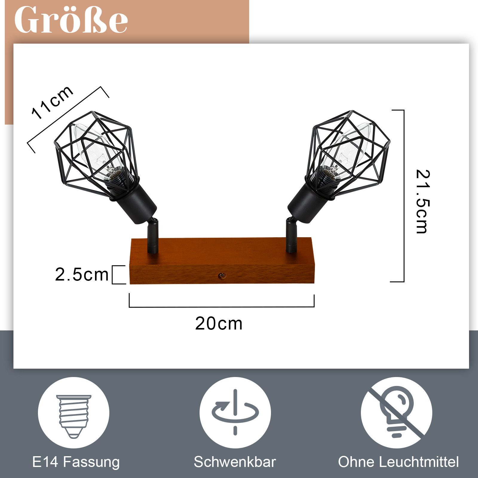 Nettlife Deckenleuchte Holz Deckenlampe E14 Metall Schwenkbar 350°, Schwenkbar 350°, LED wechselbar, für Wohnzimmer Flur Schlafzimmer – Bild 5 von 5