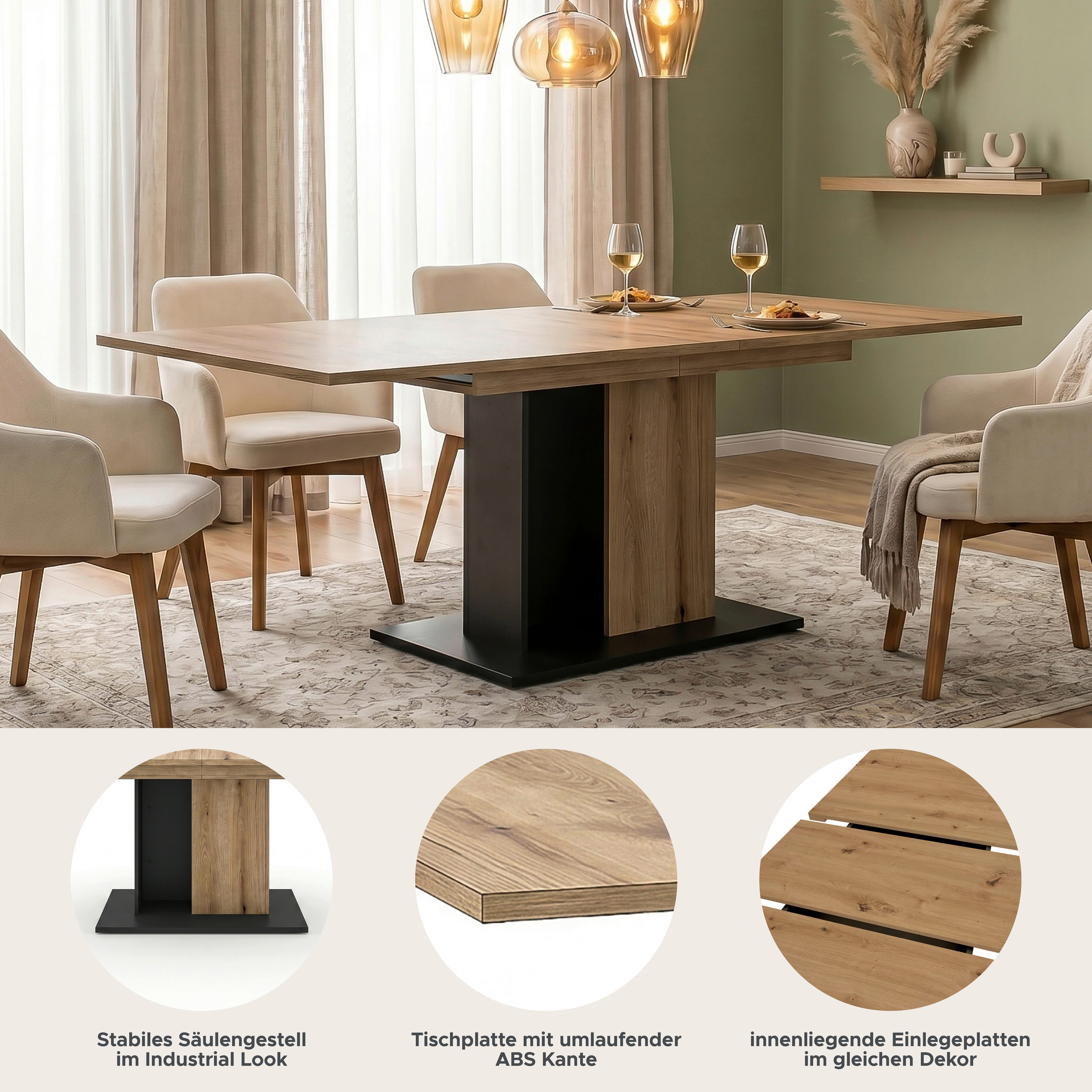 OTTO home Esstisch MONOLITH, ausziehbar 150 -230 cm, inklusive 2x 40 cm Einlegeplatte (individuell einsetzbar, in moderner Farbausführung), Doppelsäulen-Gestell mit Bodenplatte, Tisch, Küchentisch, Esszimmer