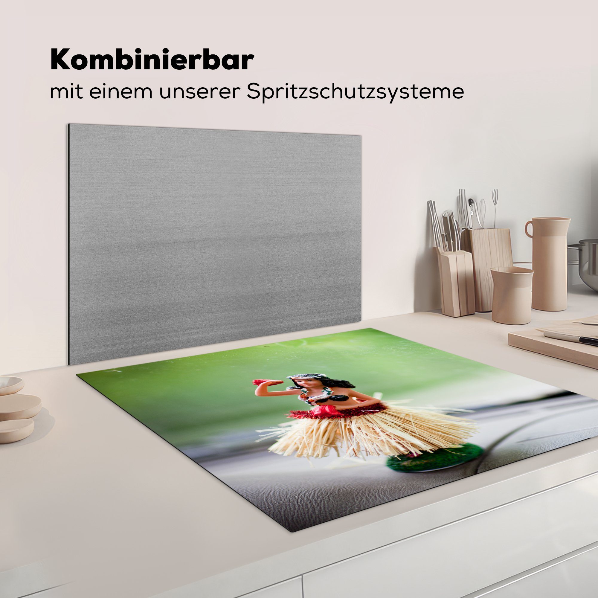 küche 78x78 Armaturenbrett, tlg), Arbeitsplatte Vinyl, auf Ceranfeldabdeckung, cm, (1 Herdblende-/Abdeckplatte MuchoWow dem für Hula-Tänzerin