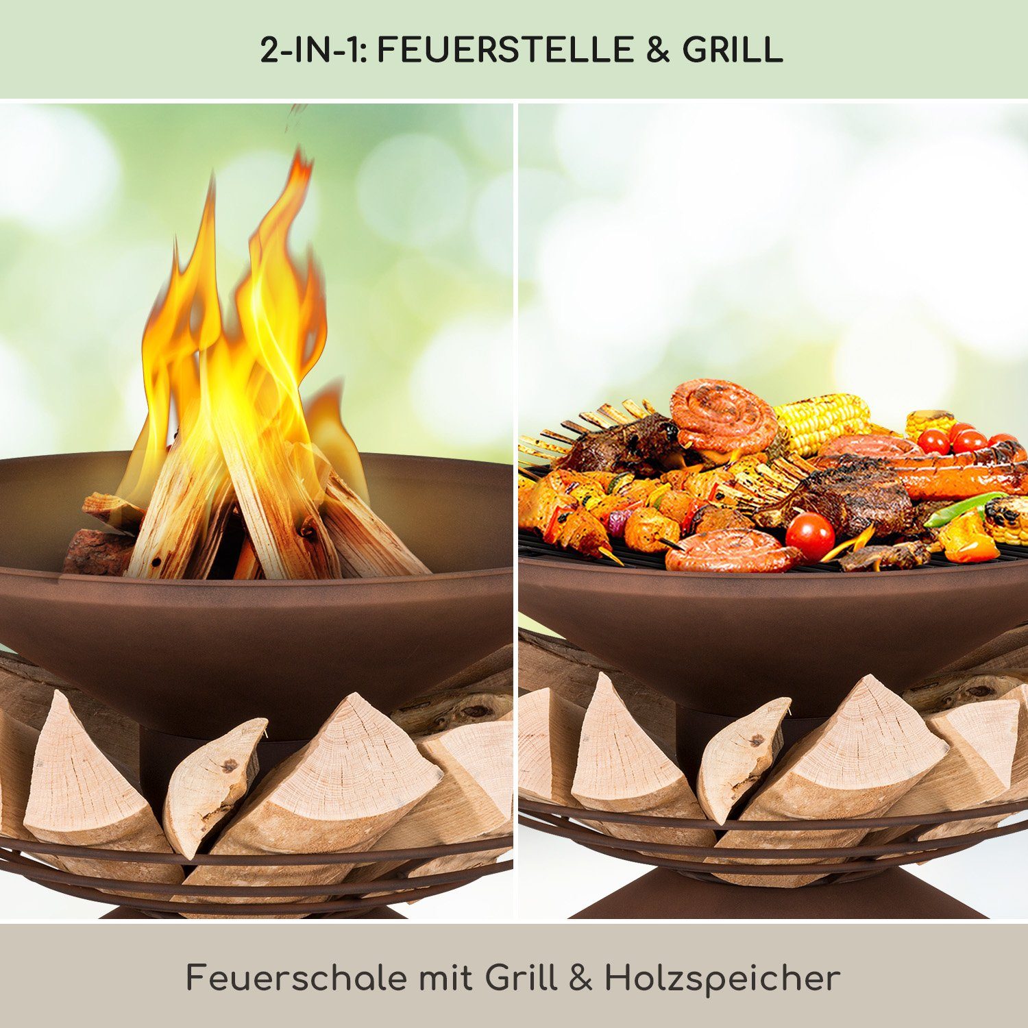 blumfeldt Feuerschale Aguilera, (Set), Feuerschale Garten Grill Funkenschutz Feuerkorb Feuerstelle Outdoor