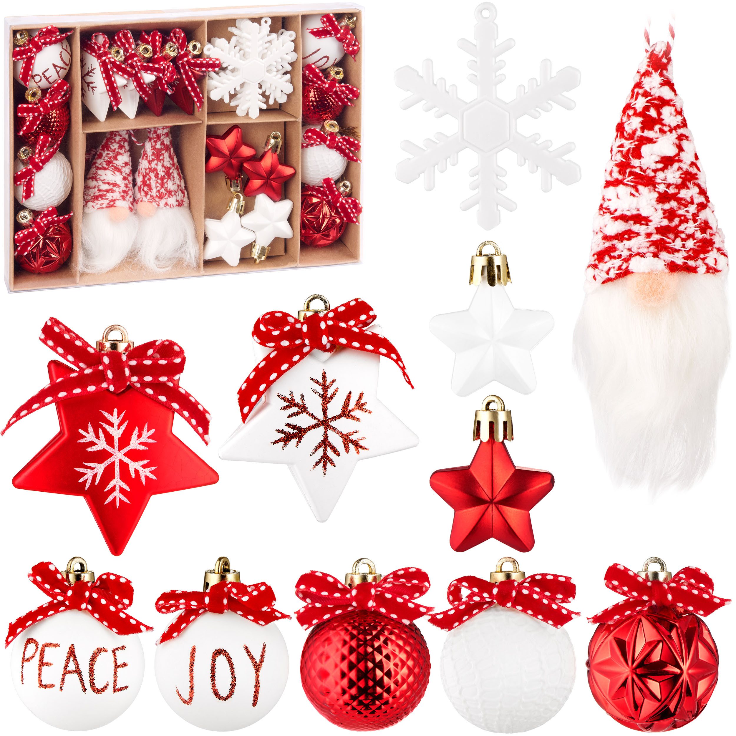 BRUBAKER Christbaumschmuck Rot und Weiß - Weihnachtskugel Set mit Wichtel Zwergen, Schneeflocken (24-tlg), Baumkugeln mit roten Schleifen - Baumschmuck