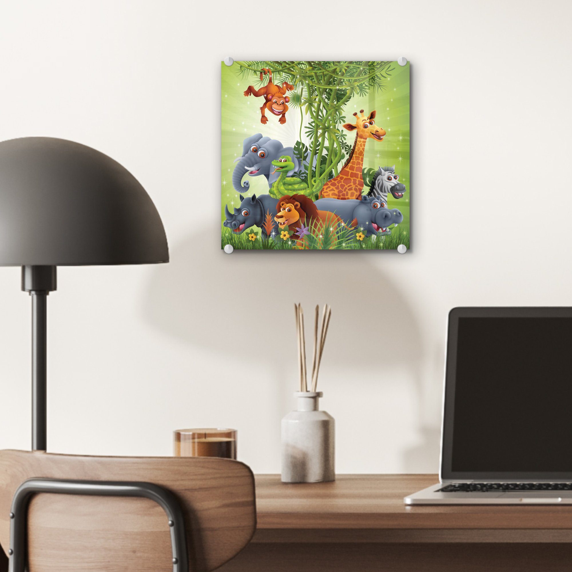 bunt Glas Pflanzen Giraffe - Acrylglasbild - Foto - Löwe, - St), MuchoWow auf auf Bilder Dschungeltiere Glasbilder - Wanddekoration - - Wandbild - Glas Elefant (1 Kinder