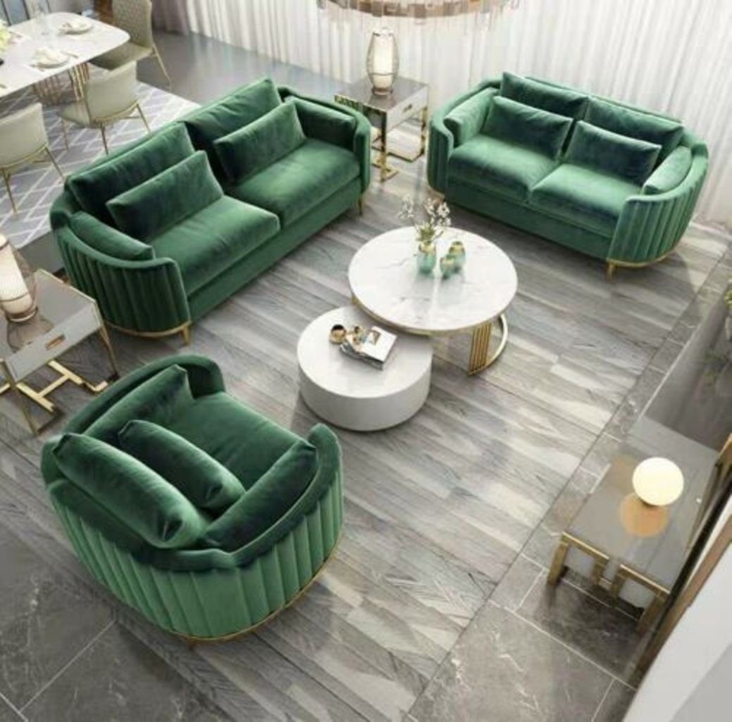 Samt Couch Polster Garnitur Wohnzimmer-Set, Set 3+1+1 Luxus JVmoebel Stoff Textil Grün Sofa