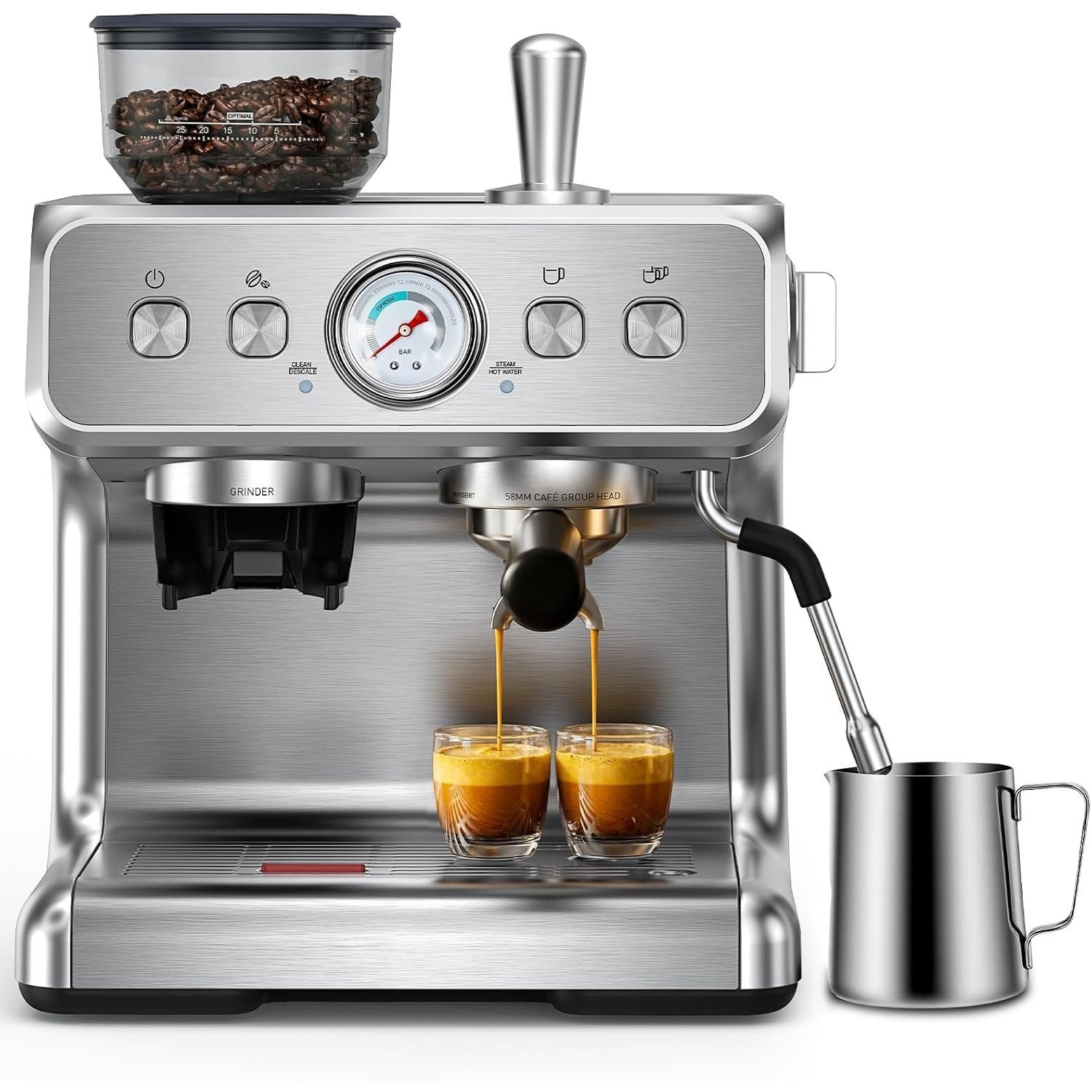 COWSAR Espressomaschine Kaffeemaschine mit integriertem Kegelmahlwerk,30 Mahlgradeinstellungen,PID-Temperaturregelung, Manometer, Edelstahl-Espressomaschine mit Tassenwärmer