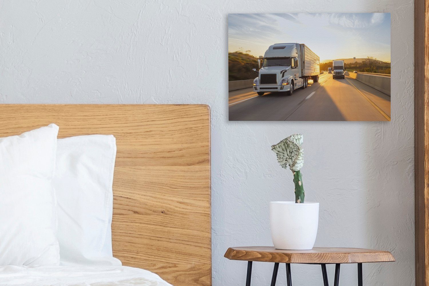 Leinwandbild (1 St), Wandbild OneMillionCanvasses® Leinwandbilder, cm Wanddeko, Sonnenuntergang, mit Lastwagen Aufhängefertig, Zwei 30x20