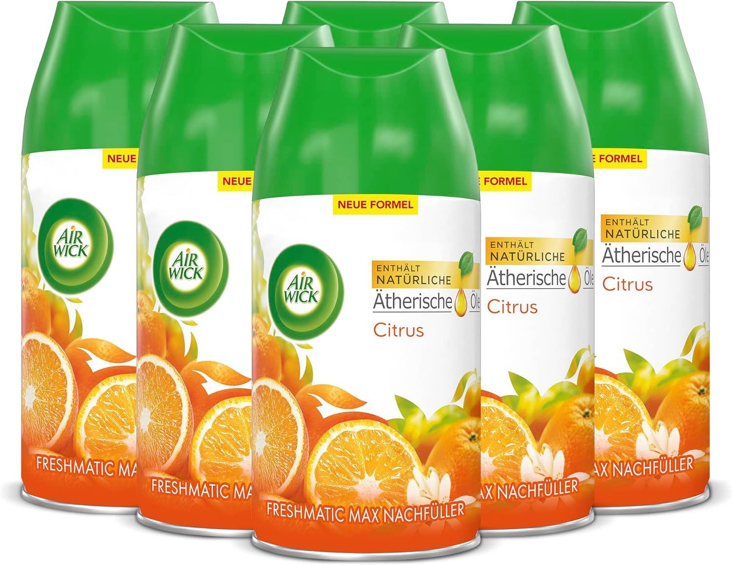 Air Wick Raumduft-Nachfüllflasche Freshmatic Max Nachfüller Citrus 6 x 250ml (Jahresvorrat, 6-St., Automatisches Duftspray), mit ätherischen Ölen