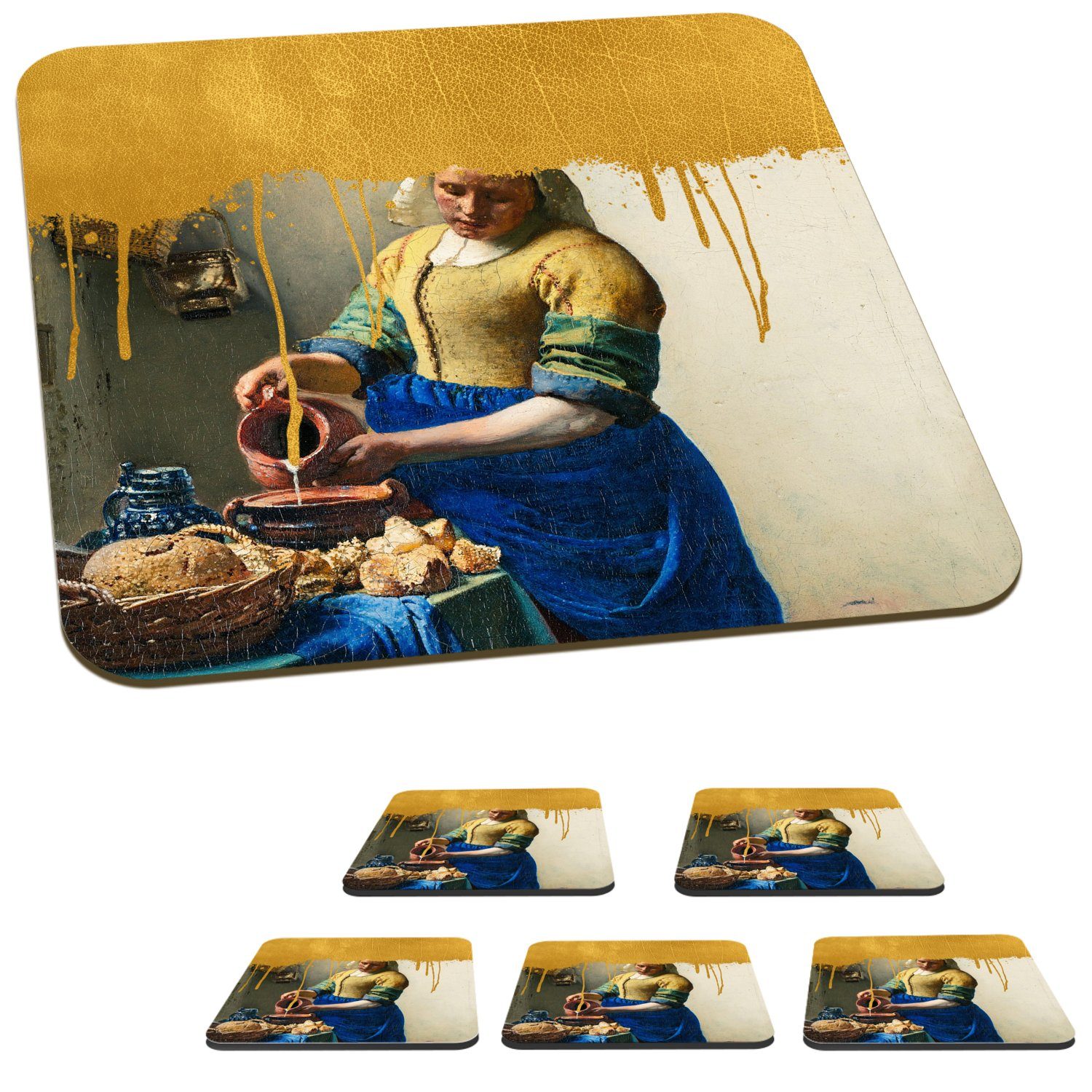 MuchoWow Glasuntersetzer Milchmädchen - Glasuntersetzer, Tischuntersetzer, Vermeer, für Zubehör Untersetzer, 6-tlg., Korkuntersetzer, - Tasse Gläser, Gold