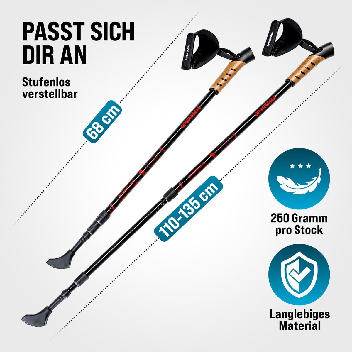 Sportana Nordic-Walking-Stöcke (1 St), Wanderstöcke Damen Herren Teleskop Trekkingstöcke Korkgriff Alu Leicht – Bild 4 von 5