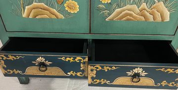 OPIUM OUTLET Kommode Sideboard Schrank Möbel Vintage-Stil handbemalt (grün-blau), chinesisch, asiatisch, orientalisch, komplett montiert, Anrichte, Buffet