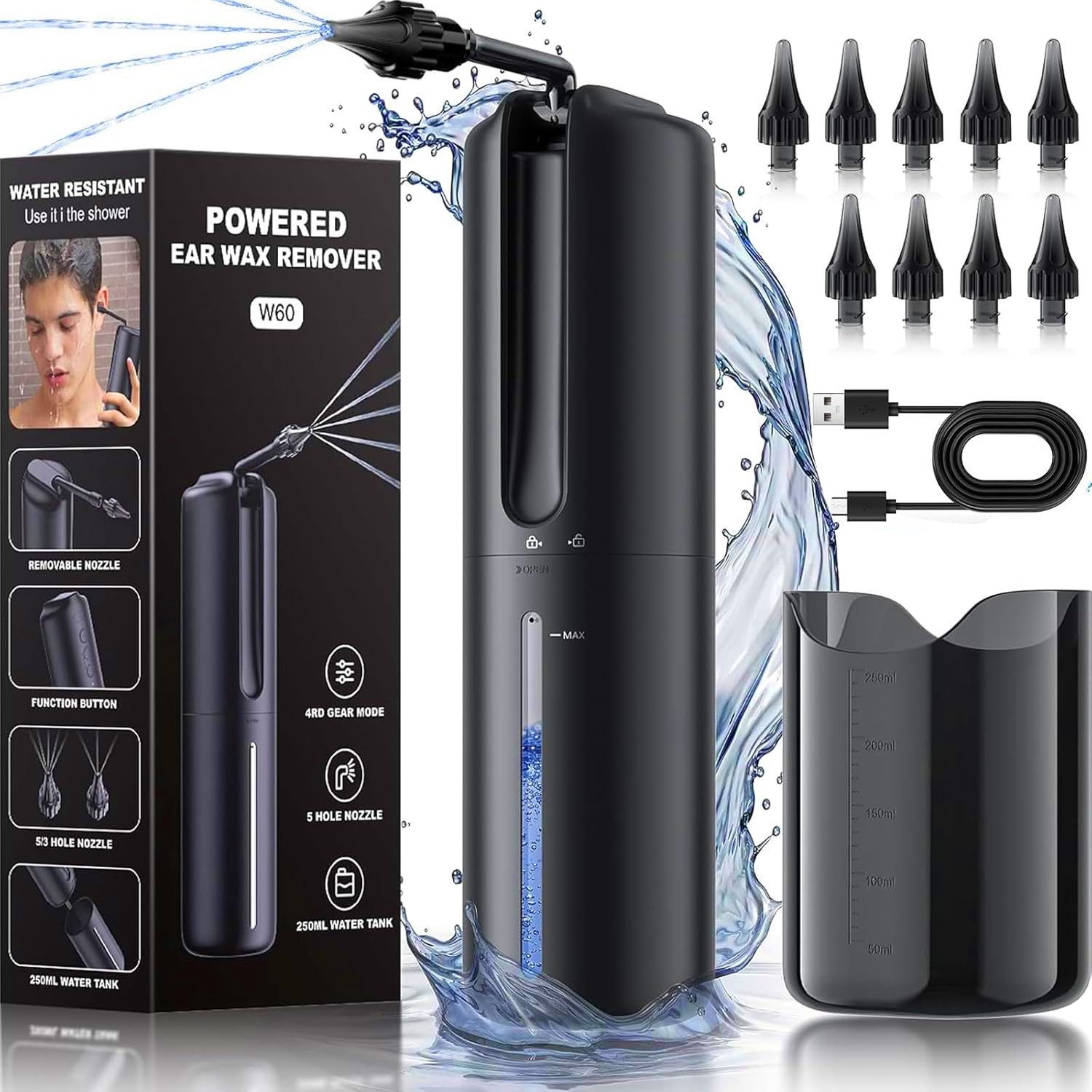 MOPUEA Ohrenreiniger Elektrischer Ohrreiniger mit 4 Modi & Zubehör für sanfte Spülung, Ohrreiniger Set, Elektrischer Ohrreiniger Mit Düsen Becken Und Ladekabel, 4 Reinigungsmodi IPX5 Wasserdicht 2000mAh Akku Sanft
