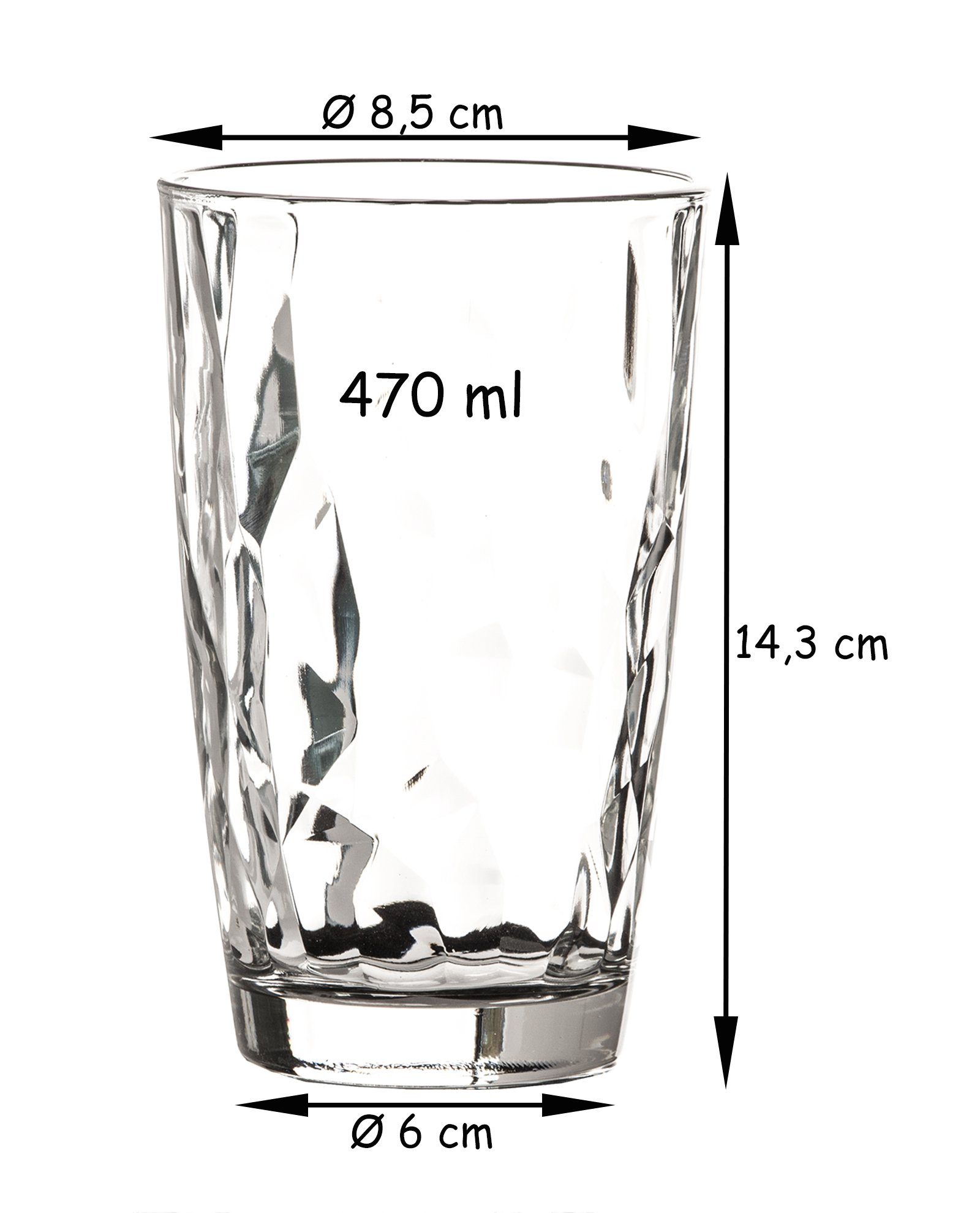 Bormioli Rocco Longdrinkglas 6x »Diamond Trasparente«, Glas, Longdrinkglas 470ml Glas transparent, 6-tlg., Glas