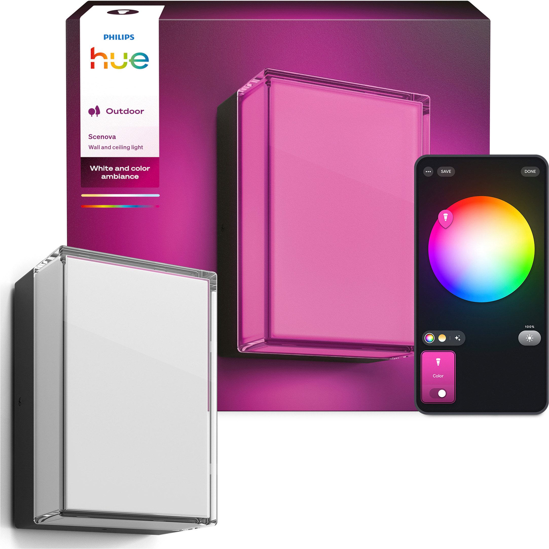 Philips Hue LED Wandleuchte Scenova rechteckig, White & Color Ambiance, smarte Außenbeleuchtung, Bluetooth, CCT - über Fernbedienung, Dimmer, Dimmfunktion, Einschlafhilfe, Farbsteuerung, Farbwechsel, Memory, nach Trennung vom Netz, Memoryfunktion, RGB, Smart Home, Softlichtstart, Timerfunktion, Weckerfunktion, dimmbar über Fernbedienung, erweiterbar, mehrere Helligkeitsstufen, LED fest integriert, RGB, 2000–6500 K, IP44, UV-beständig, steuerbar per App und Sprache