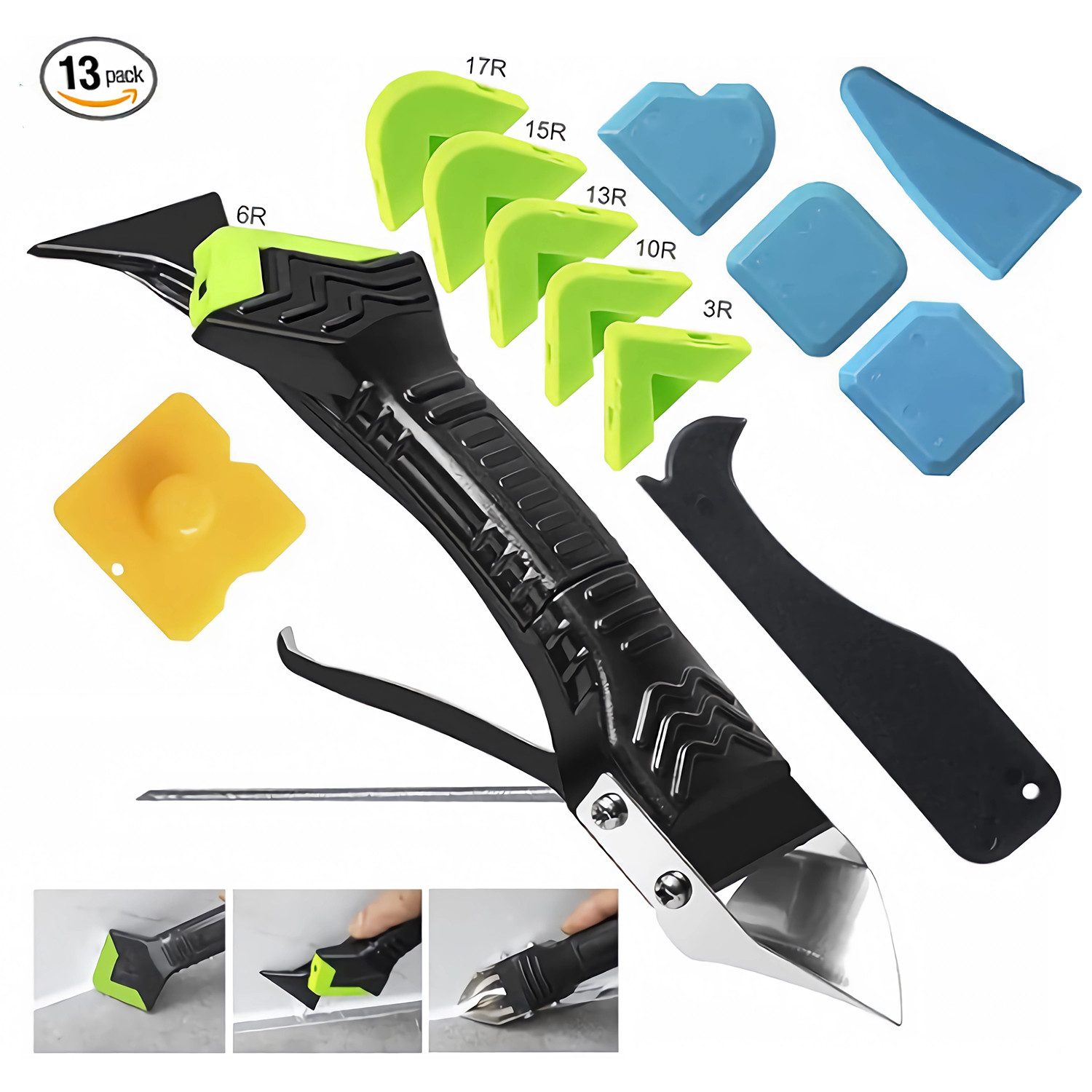 Refined Living Multitool 13-tlg Silikon Abzieher Werkzeug Set 5 in 1, Fugenkratzer, Fugen-Set, (Silikonentferner, 6 Auswechselbar Silikonpads Dichtungsdüsen, für Küche Bad Boden Spüle Fenster Abdichtung, Montagewerkzeug), mit Fugenglätter, Silikonschaber und Edelstahl Fugenmesser