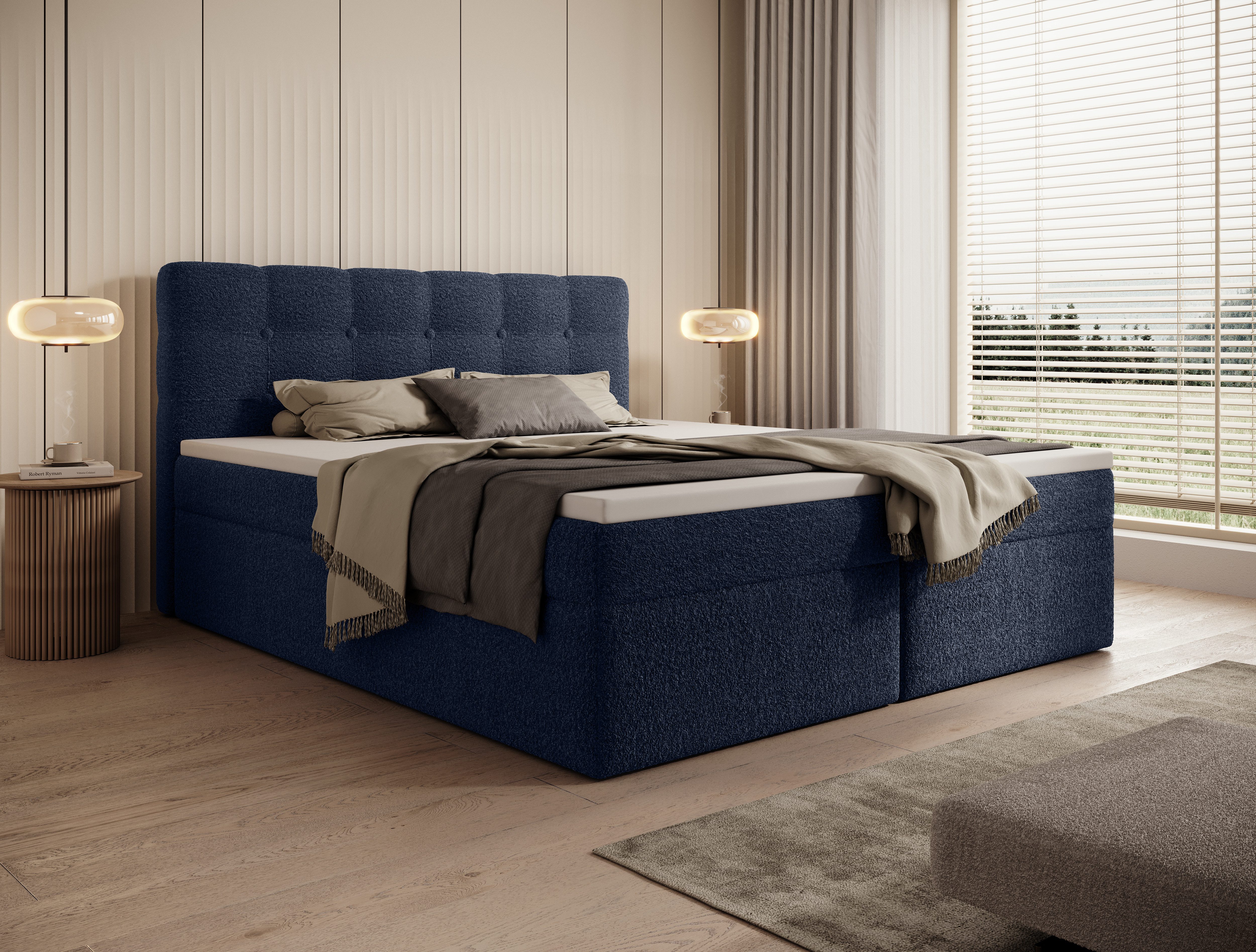 thematys Boxspringbett Luxus mit Bettkasten 140x200–200x200cm - Velours oder Bouclé Bezug (Polsterbett Bonnellfederkern Matratze H3 + Gratis 3cm Topper, – Doppelbett mit Stauraum - Boxbett)