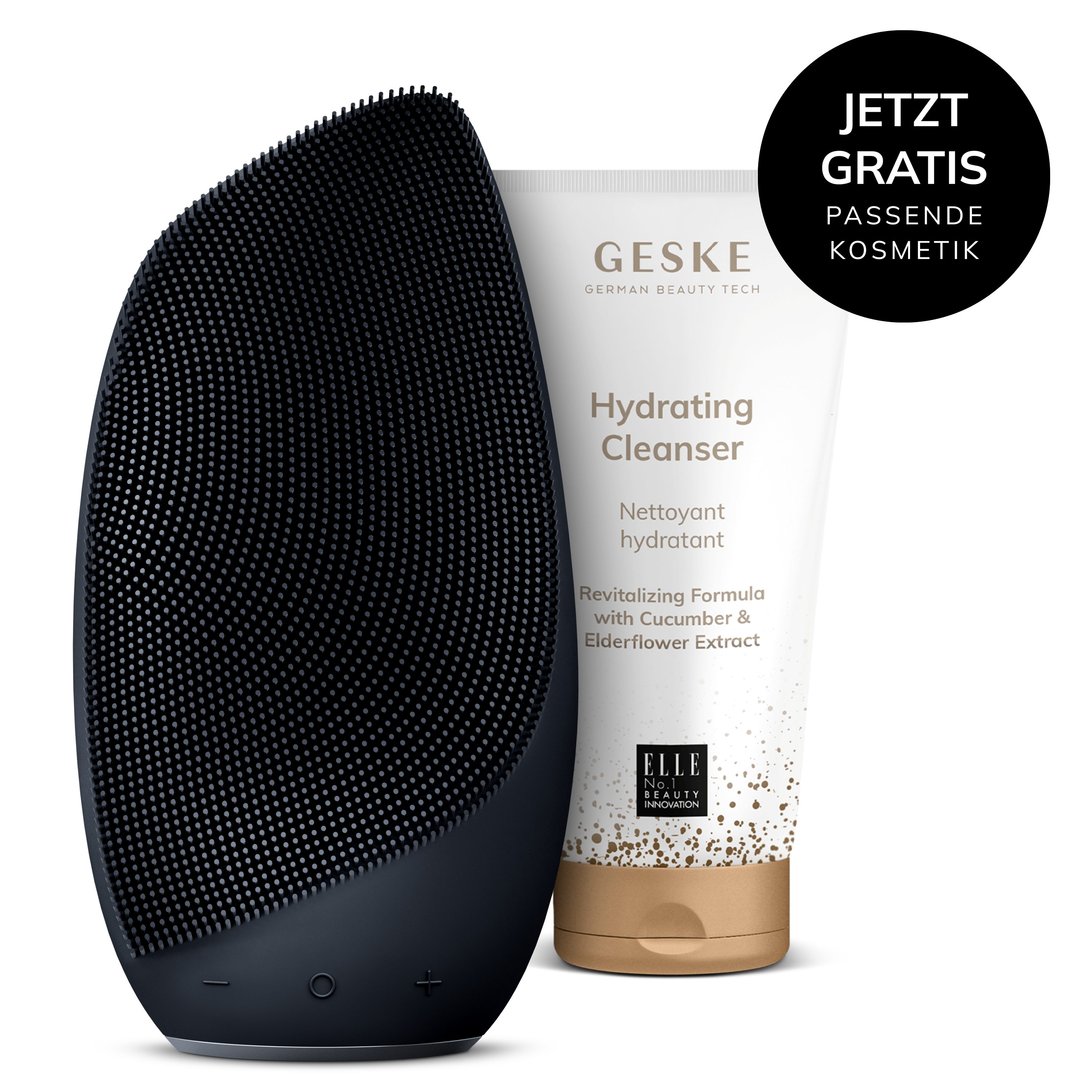 GESKE German Beauty Tech Elektrische Gesichtsreinigungsbürste Sonic Thermo Facial Brush 6 in 1 Farbe: Black + Gratis Kosmetik, Packung (Gerät & USB-Ladekabel), 2-tlg., Gerät inkl. kostenloser APP (SmartAppGuided Device), Anti-Aging Massage-, SmartSonic Pulsation- & Tiefen-Wärme-Technologie