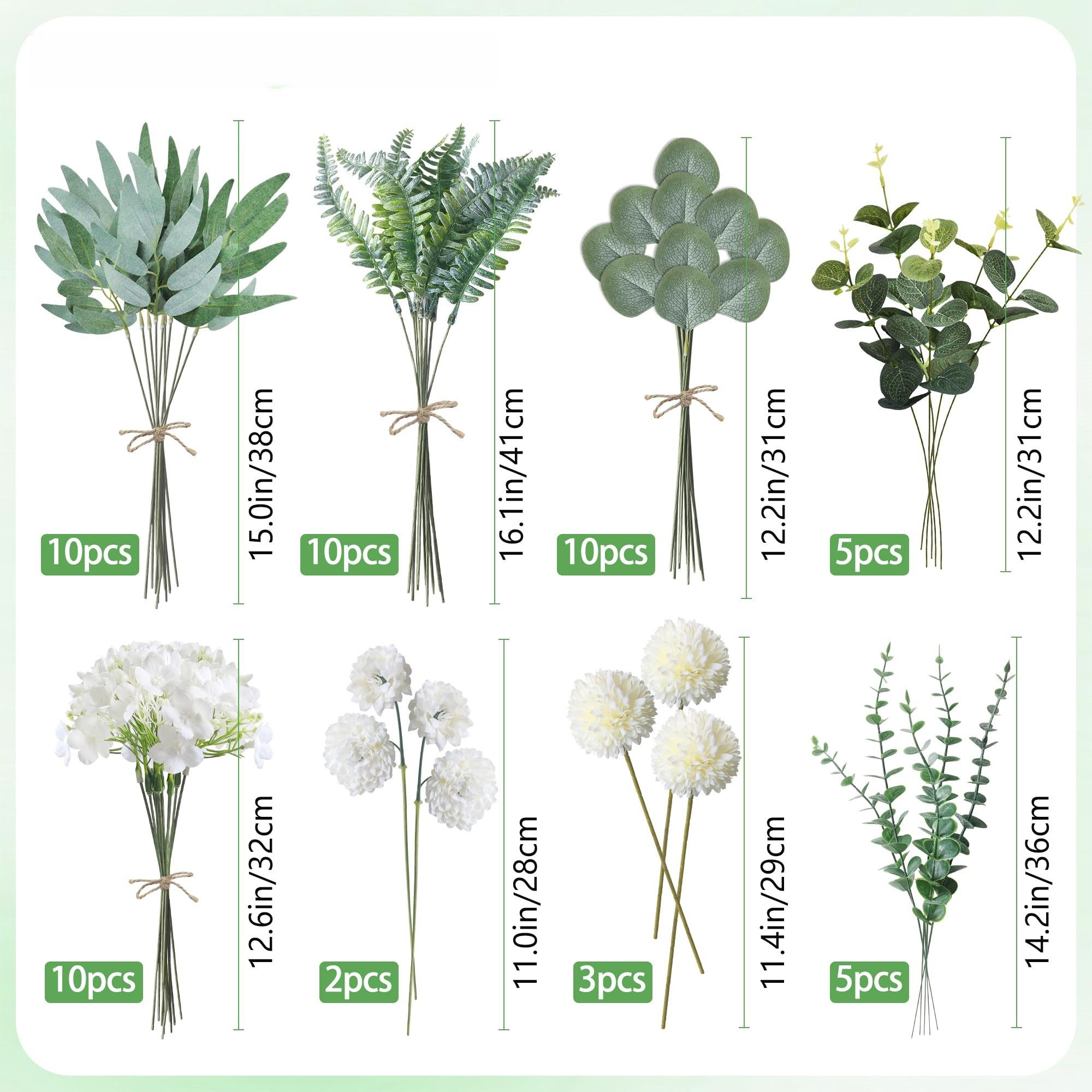 Kunstblumenstrauß 55 tlg. Kunstblumen Set mit weißen Zweigen, Blättern & Blumen, FOUORTUNATE-BEE, Künstliche Eukalyptus- und Hortensienblumen für DIY & Hochzeit