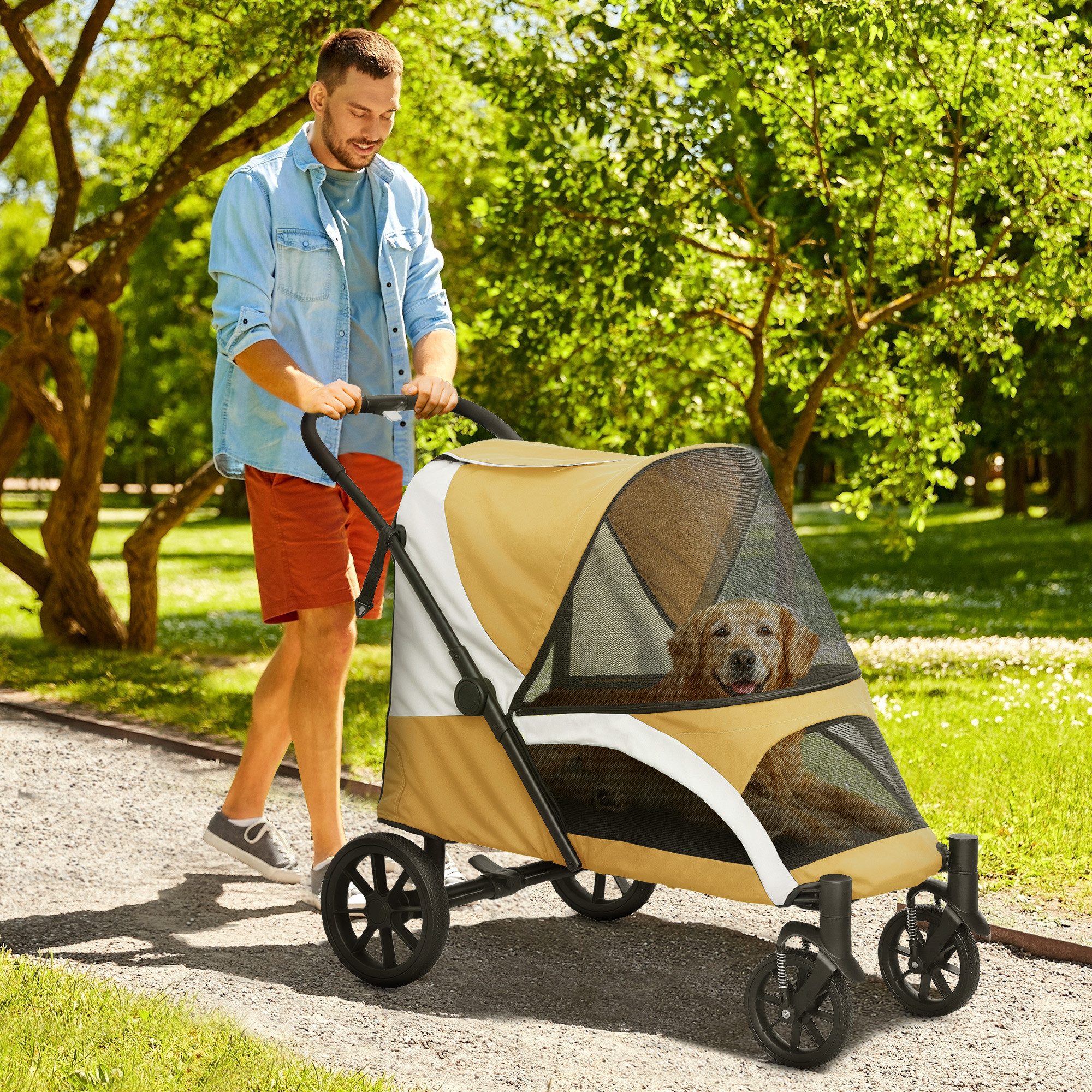PawHut Hundebuggy klappbar, mit Kissen, Netzfenstern, Türen, Aufbewahrungstasche, (Katzenwagen, 1-tlg), für große Hunde & Katzen bis 30 kg, Braun