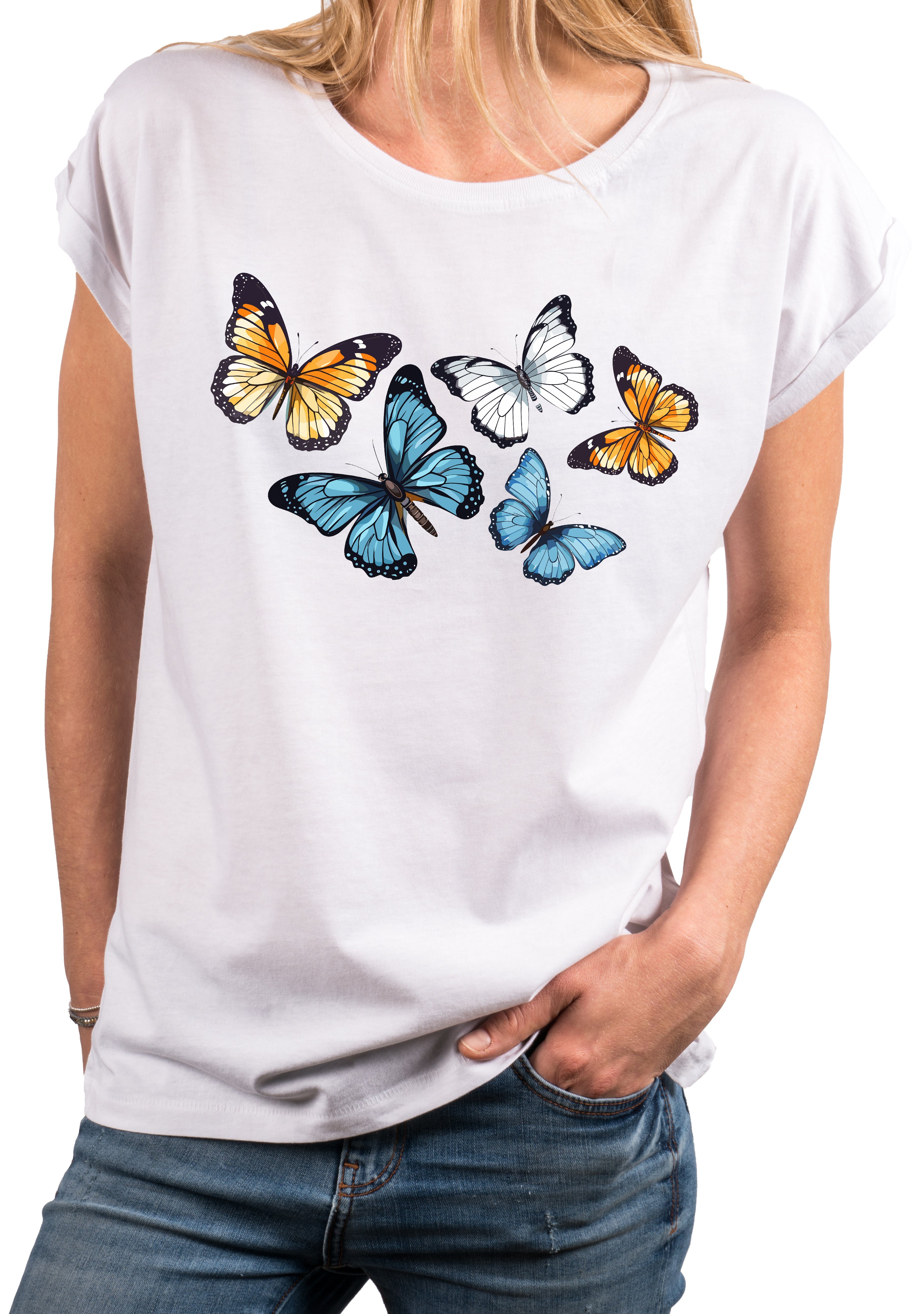 Größen, Druck, Sommer Baumwolle Aufdruck Butterfly Schmetterling Weiß Baumwolle Top mit Damen MAKAYA Kurzarm große Print-Shirt