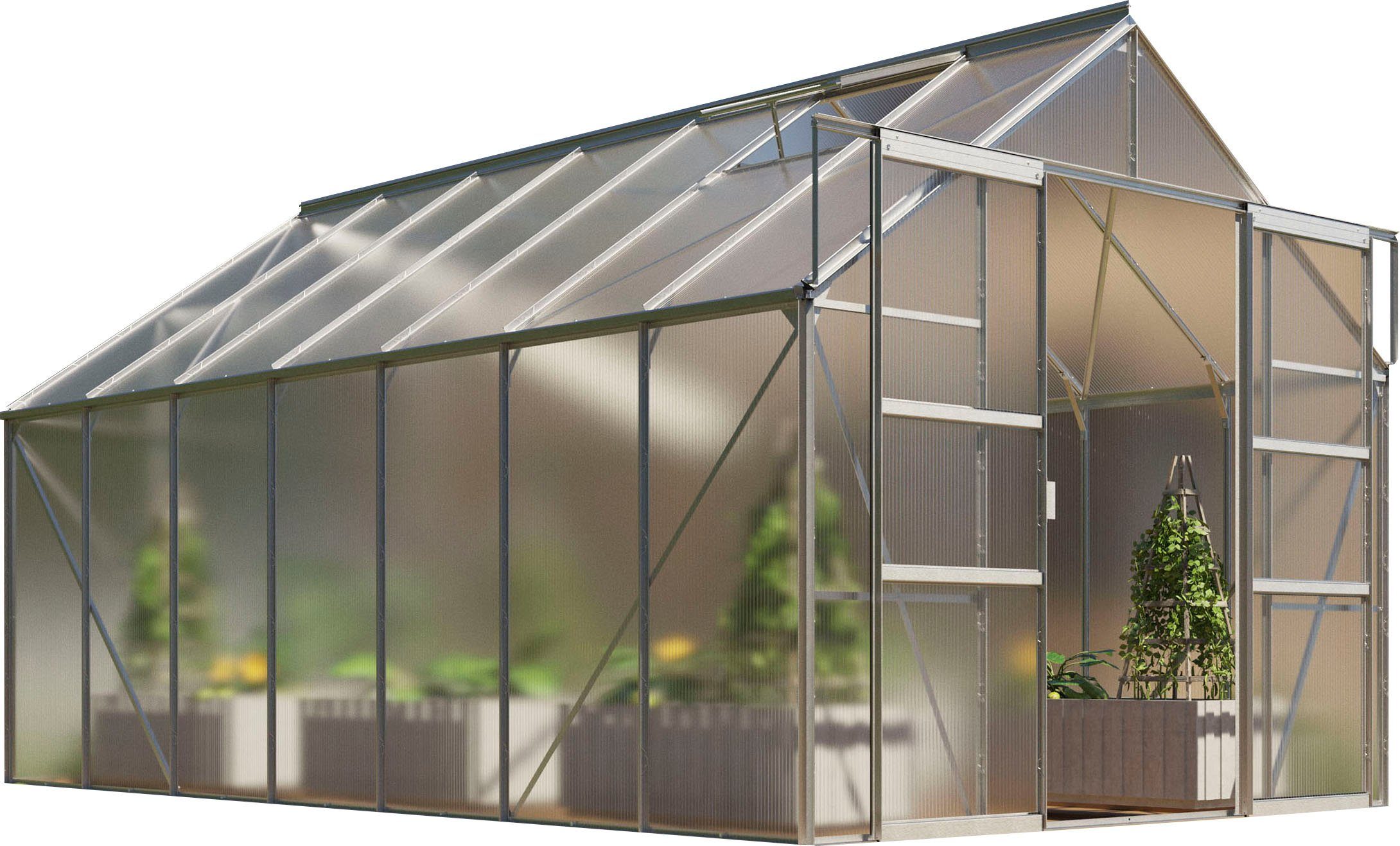 Vitavia Gewächshaus Mars 11500, BxTxH: 257 x 445 x 231,8 cm, 6 mm Wandstärke, Alu-Profile, 6 mm Hohlkammerplatten silberfarben