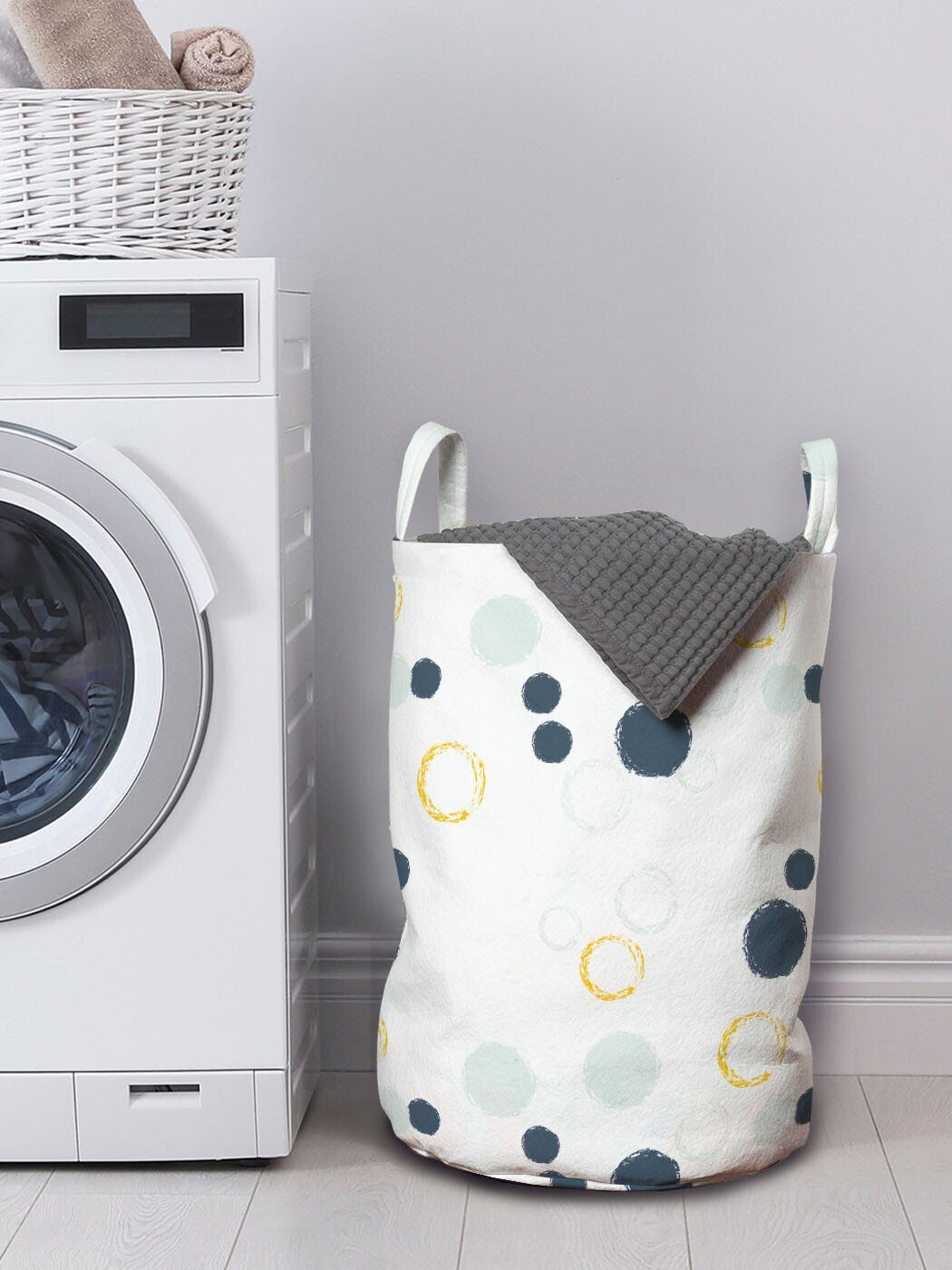Abakuhaus Wäschesäckchen Wäschekorb mit Bubbles für Simplistic Waschsalons, Griffen Gelb Kunst Kordelzugverschluss grau