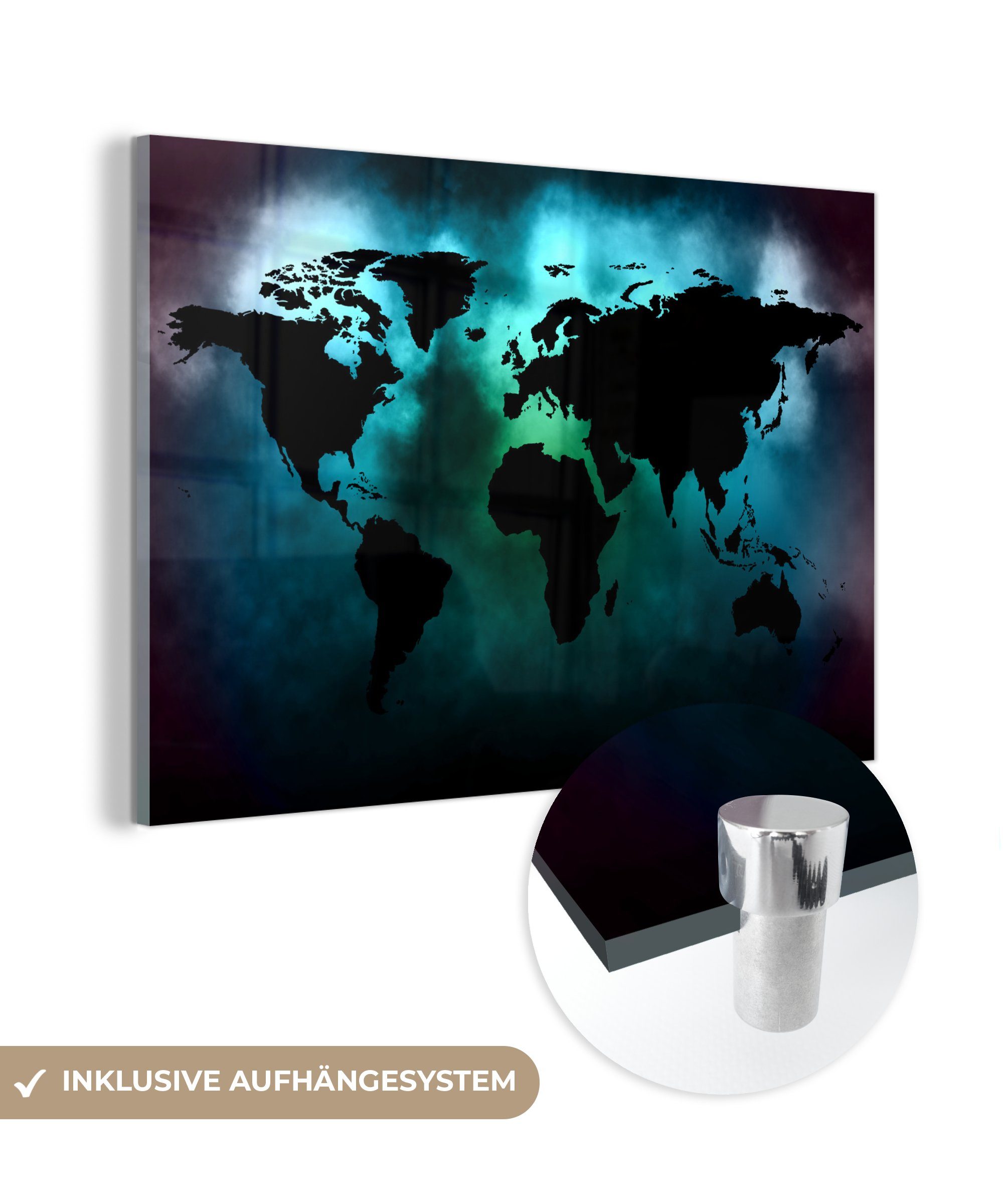 (1 MuchoWow - auf Glasbilder Foto St), Glas - Wanddekoration Glas Schwarz auf Bilder - - - Grün, Acrylglasbild Wandbild Weltkarte