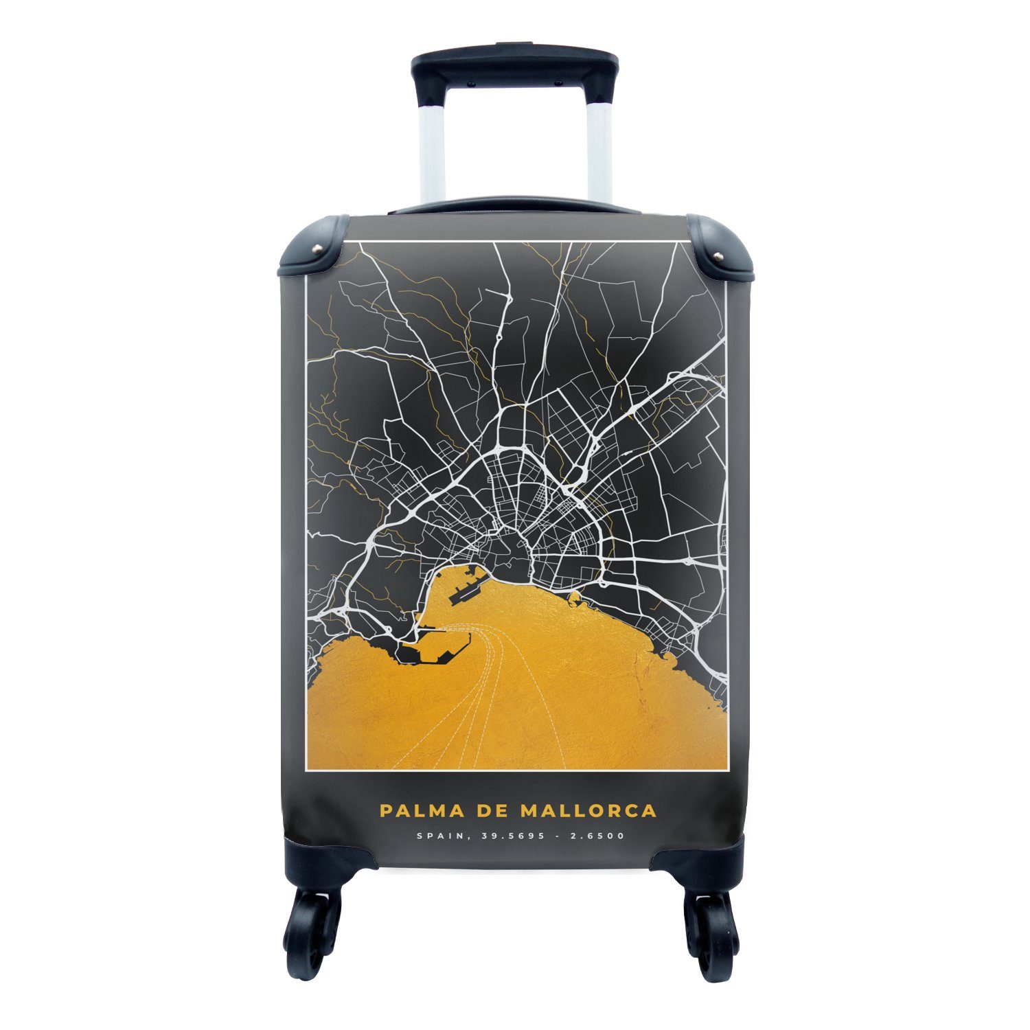 MuchoWow Handgepäckkoffer Mallorca - Stadtplan - Gold - Karte, 4 Rollen, Reisetasche mit rollen, Handgepäck für Ferien, Trolley, Reisekoffer