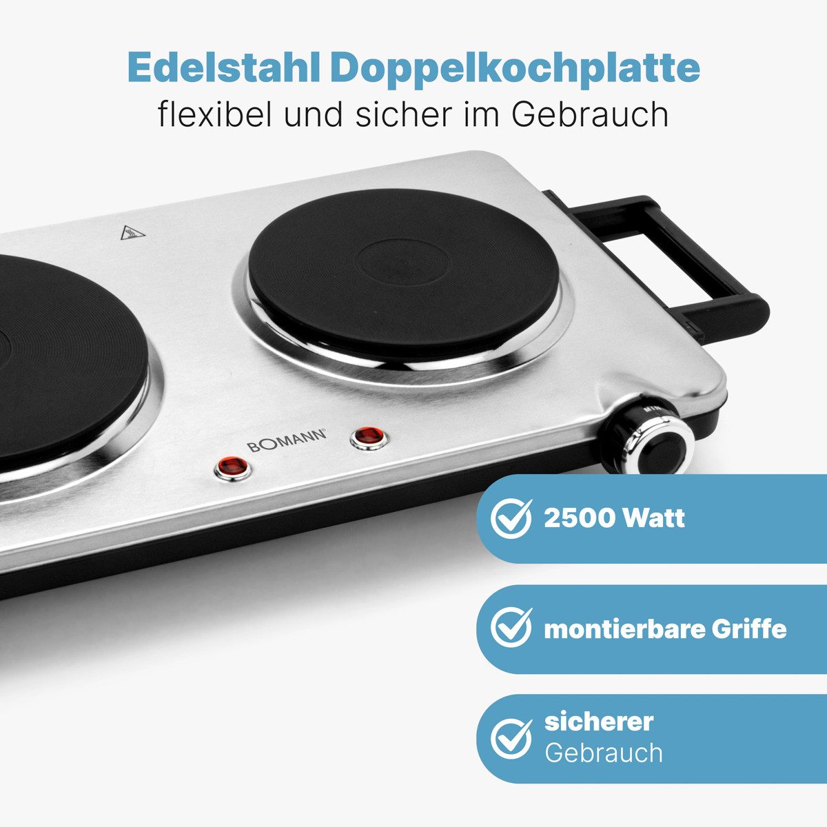 BOMANN Doppelkochplatte DKP 5033 E CB, 2500W, Cool Touch-Griffen, Edelstahlgehäuse
