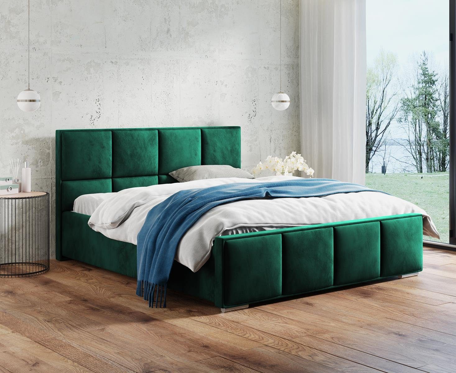 Beautysofa Polsterbett Quatro (140 / 160 / 180 cm), Metallgestell, Bett mit Kopfteil, große Bettkasten, Gashebebühne Flasches grün (kronos 19)